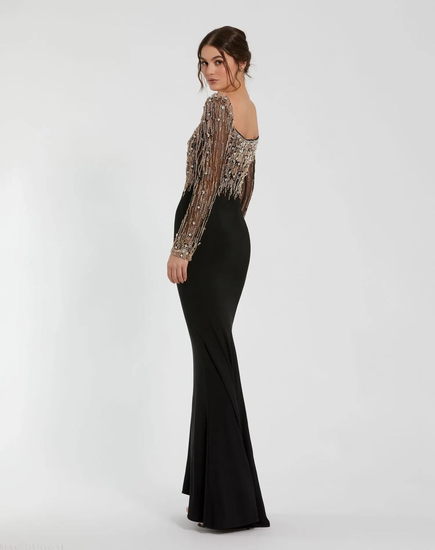 Black Beaded Square Neck Long Sleeve Jersey Gown - Mac Duggal