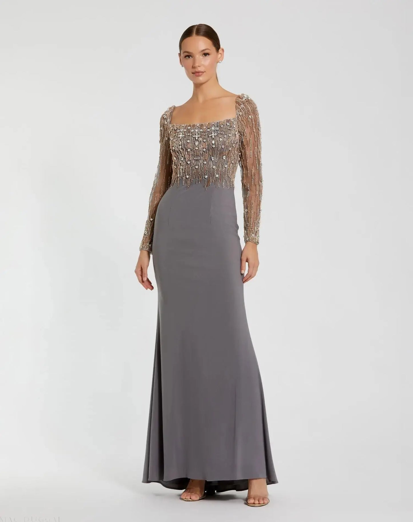 Gray Beaded Square Neck Long Sleeve Jersey Gown - Mac Duggal