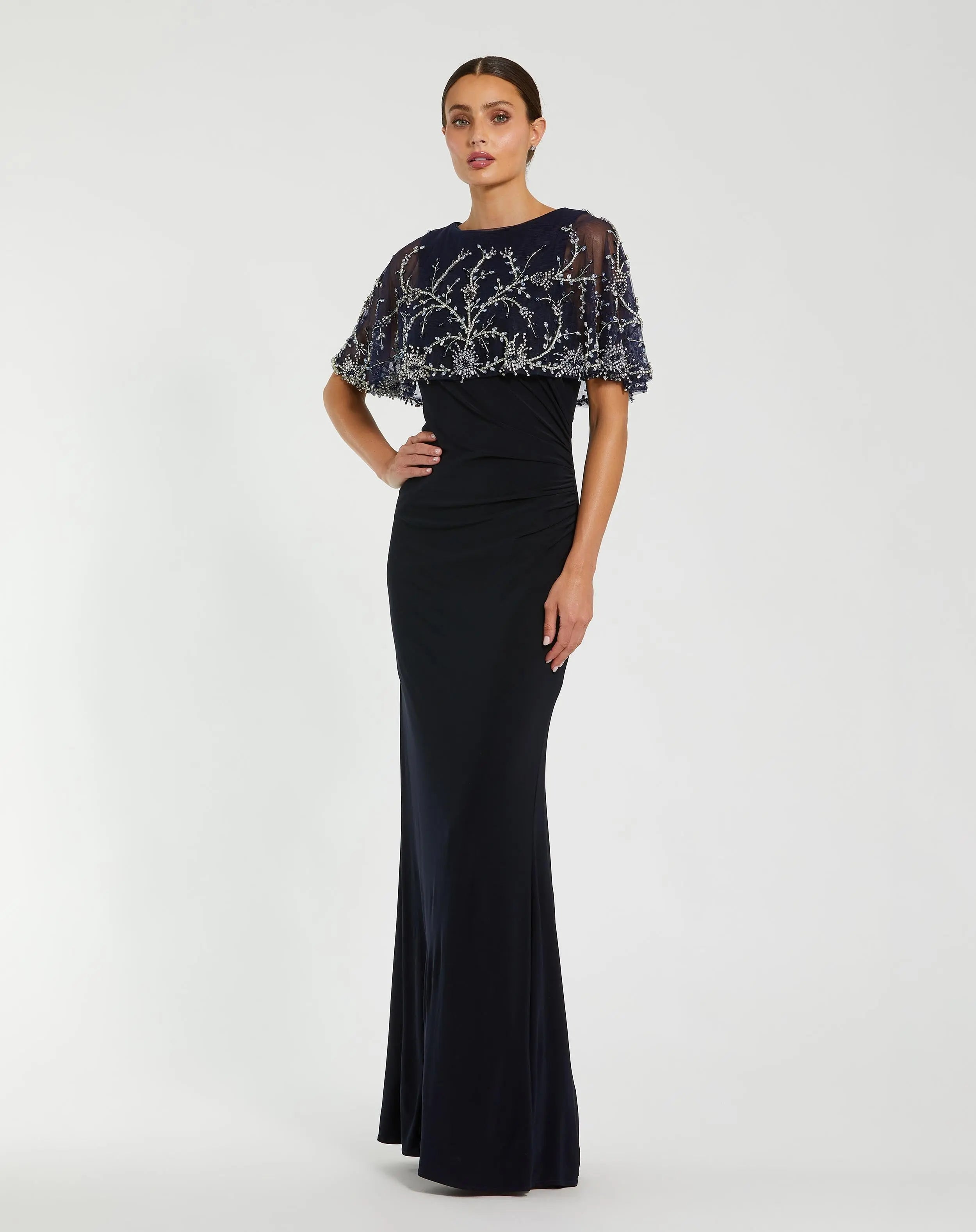 Navy Fitted Jersey Gown with Embellished Cape | Mac Duggal Navy Fitted Jersey Gown with Embellished Cape | Mac Duggal