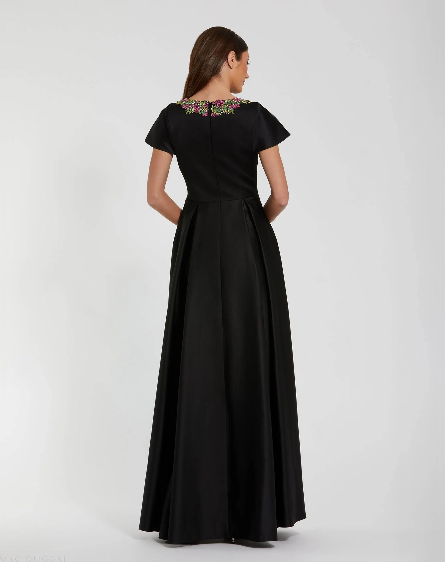 Black Satin Flutter Sleeve Gown With Neckline Beading - Mac Duggal