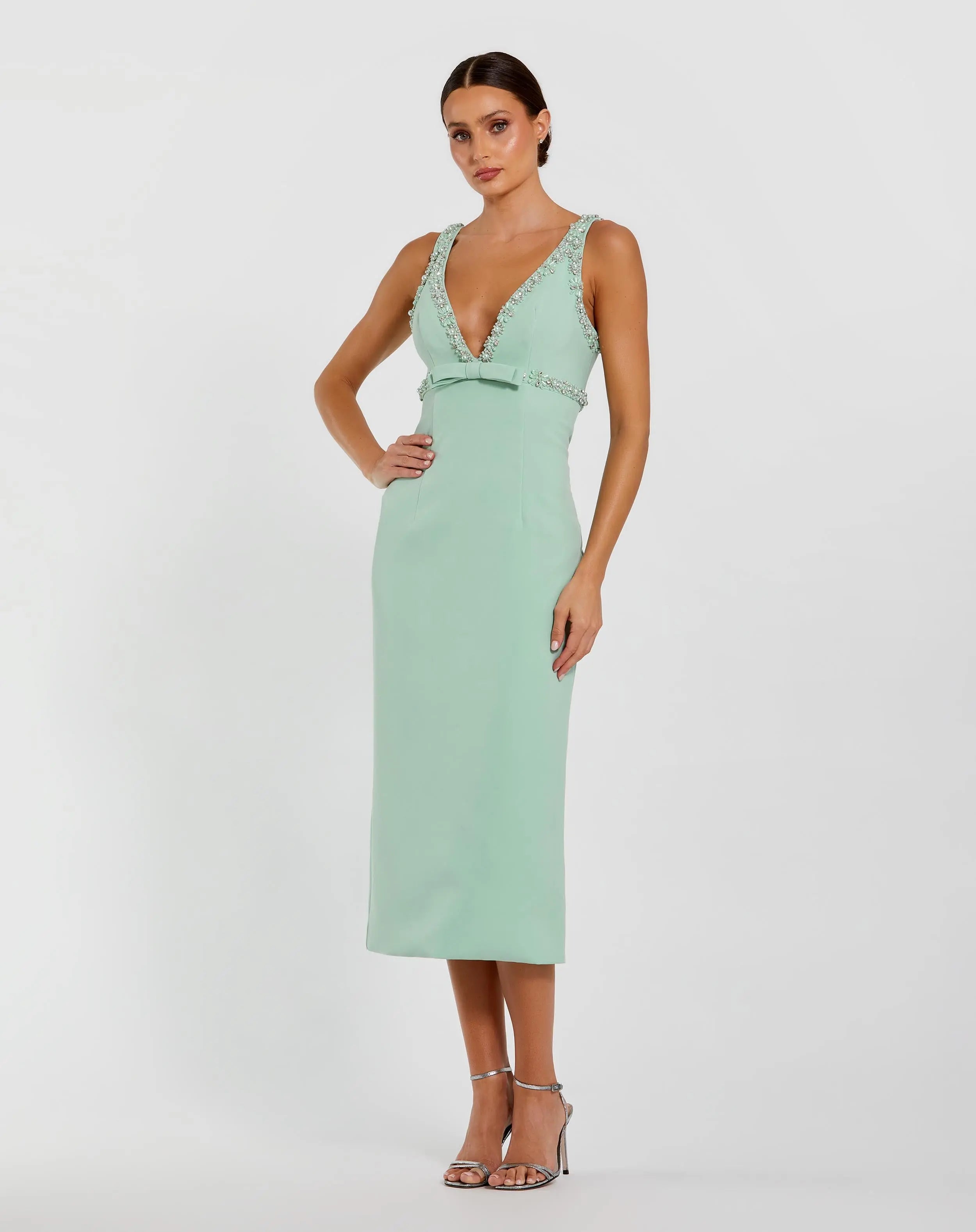 Green Crepe Fitted Midi Dress With Bow And Beaded Trim | Mac Duggal Sage / US 10 Green Crepe Fitted Midi Dress With Bow And Beaded Trim | Mac Duggal Sage / US 10