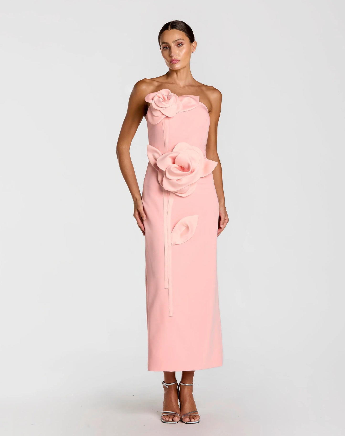 Pink Strapless Crepe Dress With 3D Satin Flowers - Ieena for Mac Duggal
