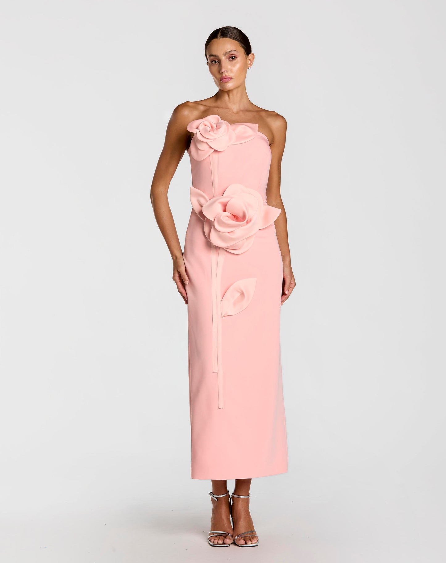Pink Strapless Crepe Dress With 3D Satin Flowers - Ieena for Mac Duggal
