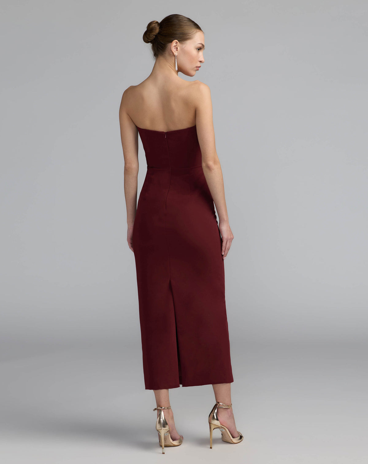 Maroon Strapless Crepe Dress With 3D Satin Flowers - Ieena for Mac Duggal