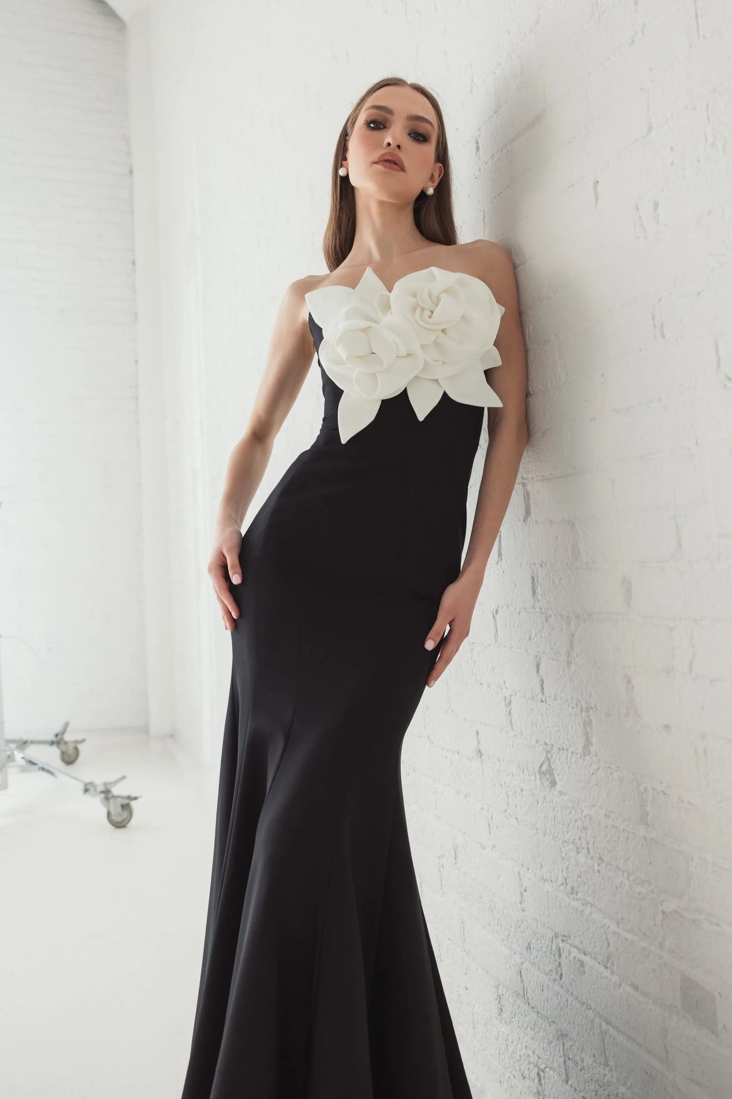 Black Strapless Crepe Mermaid Gown With 3D Flowers - Ieena for Mac Duggal