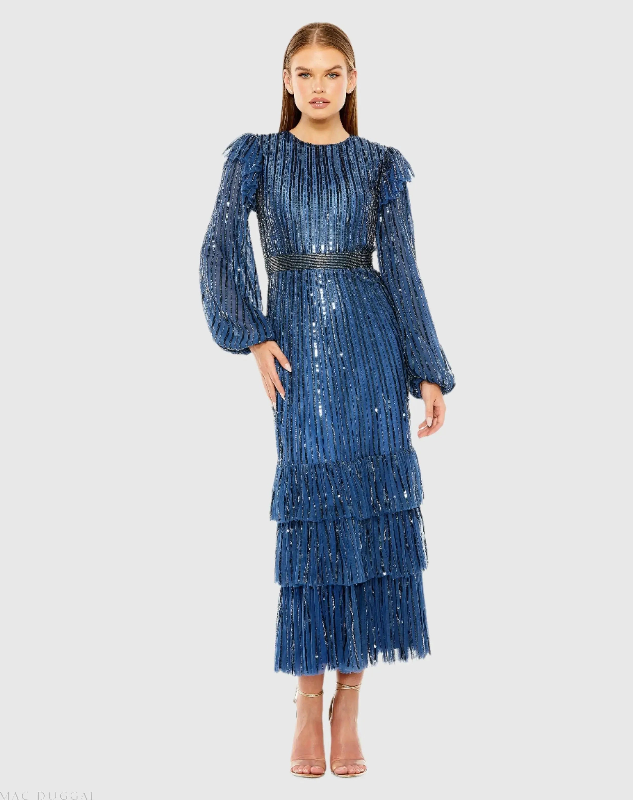 mac duggal long sleeve sequin dress Long Sleeve Ruffle Detail Sequin Dress