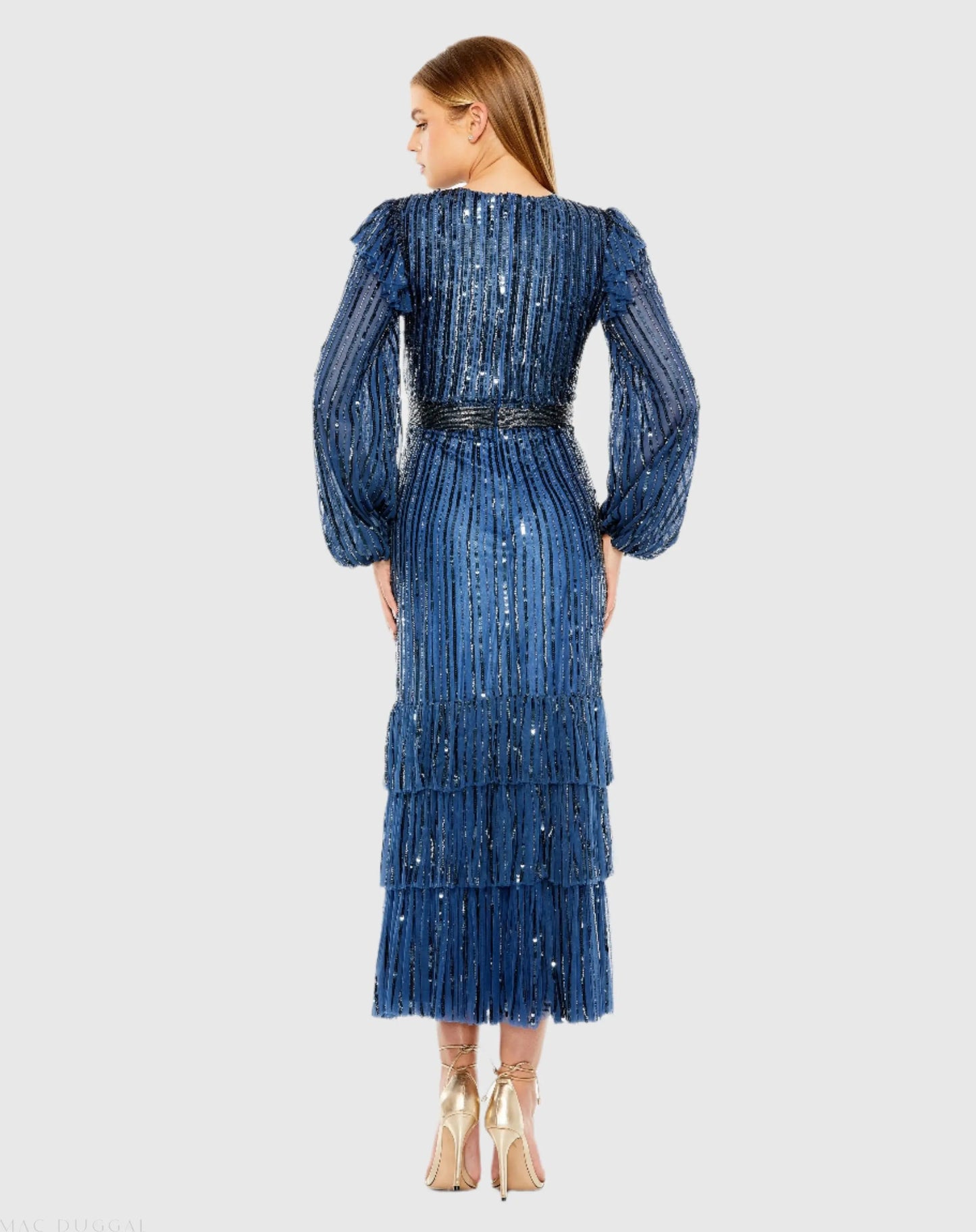 Blue Long Sleeve Ruffle Detail Sequin Dress - Mac Duggal