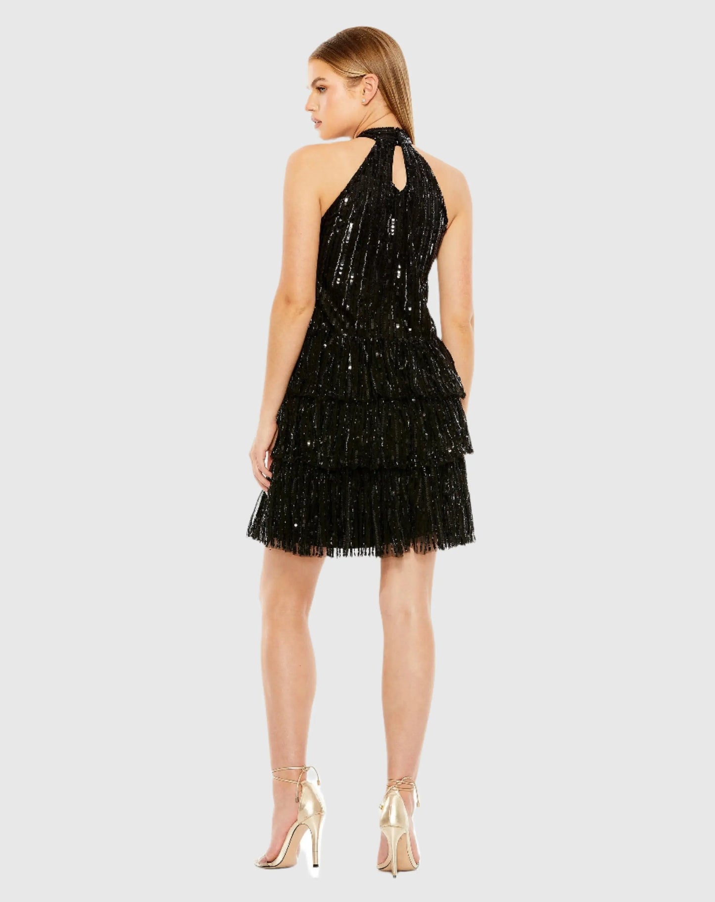 Black High Neck A-Line Ruffle Sequin Mini Dress - Mac Duggal