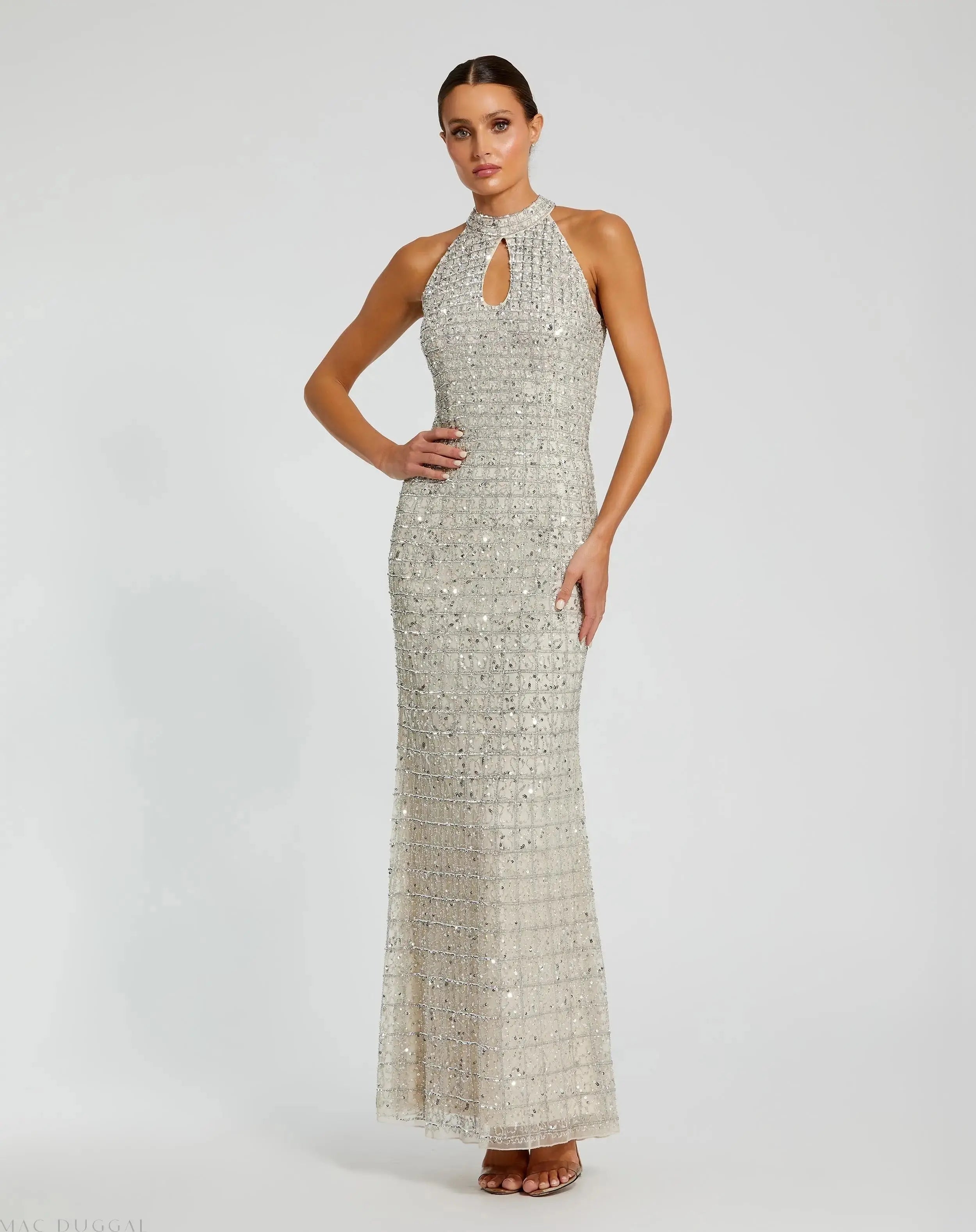 Embellished Halter Neck Keyhole Gown - Mac Duggal Embellished Halter Neck Keyhole Gown - Mac Duggal
