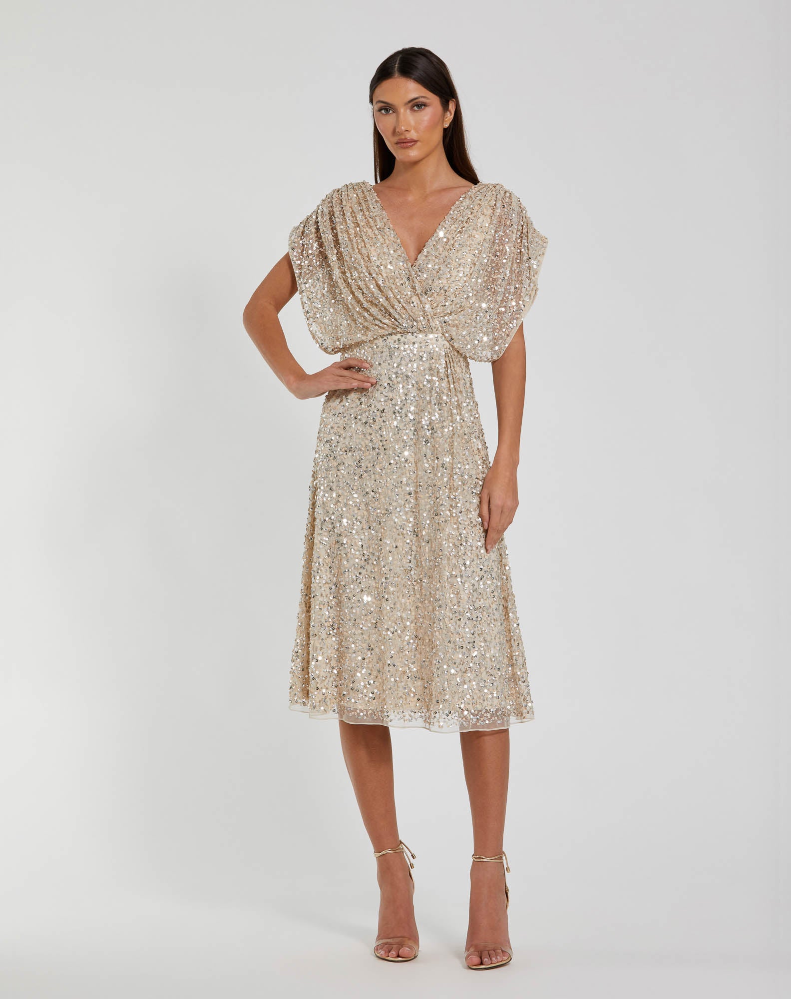 Mac Duggal - Beige Sequin Draped Sleeve V-Neck Midi Dress
