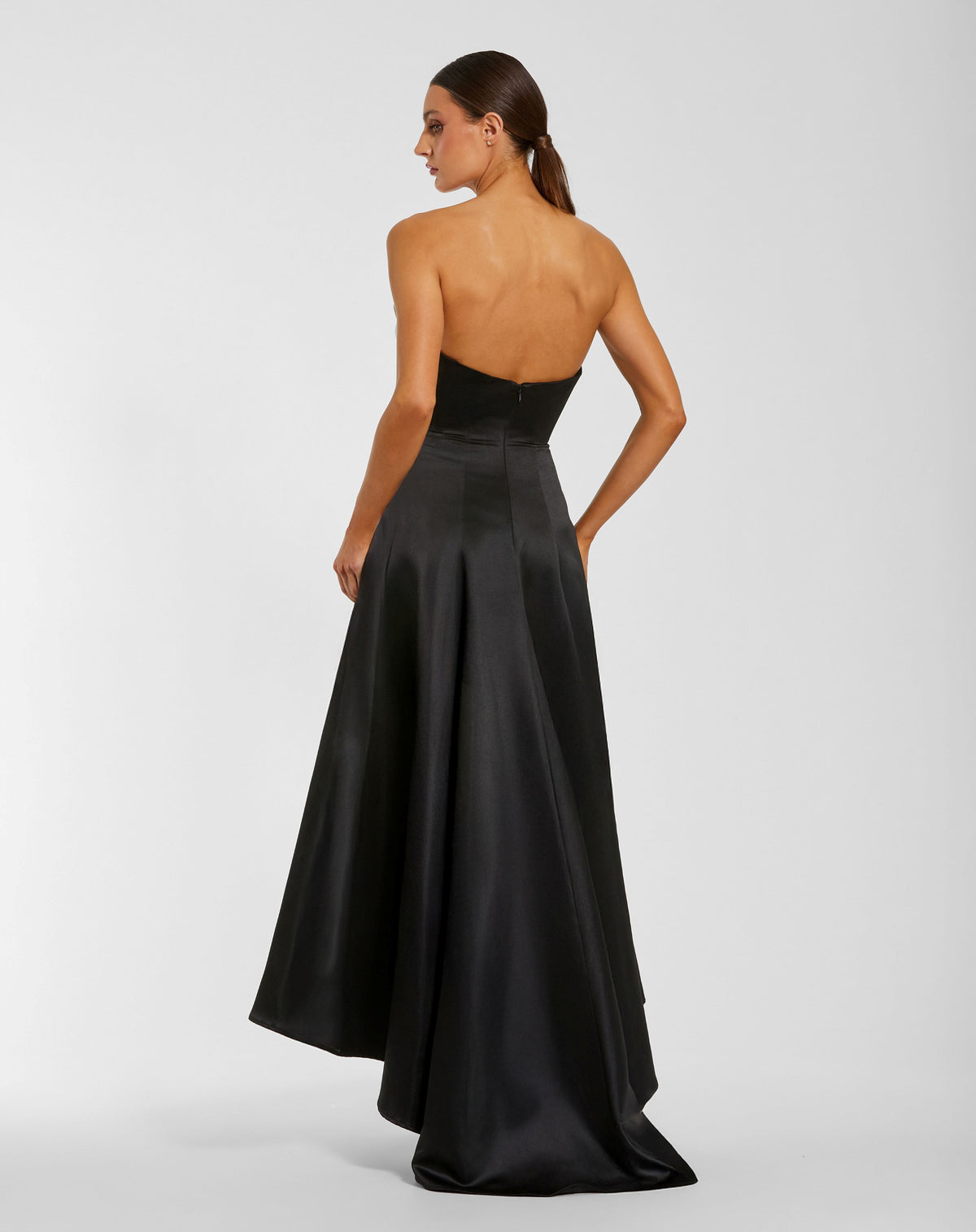 Black Strapless Satin High Low Gown With 3D Flowers Ieena for Mac Duggal