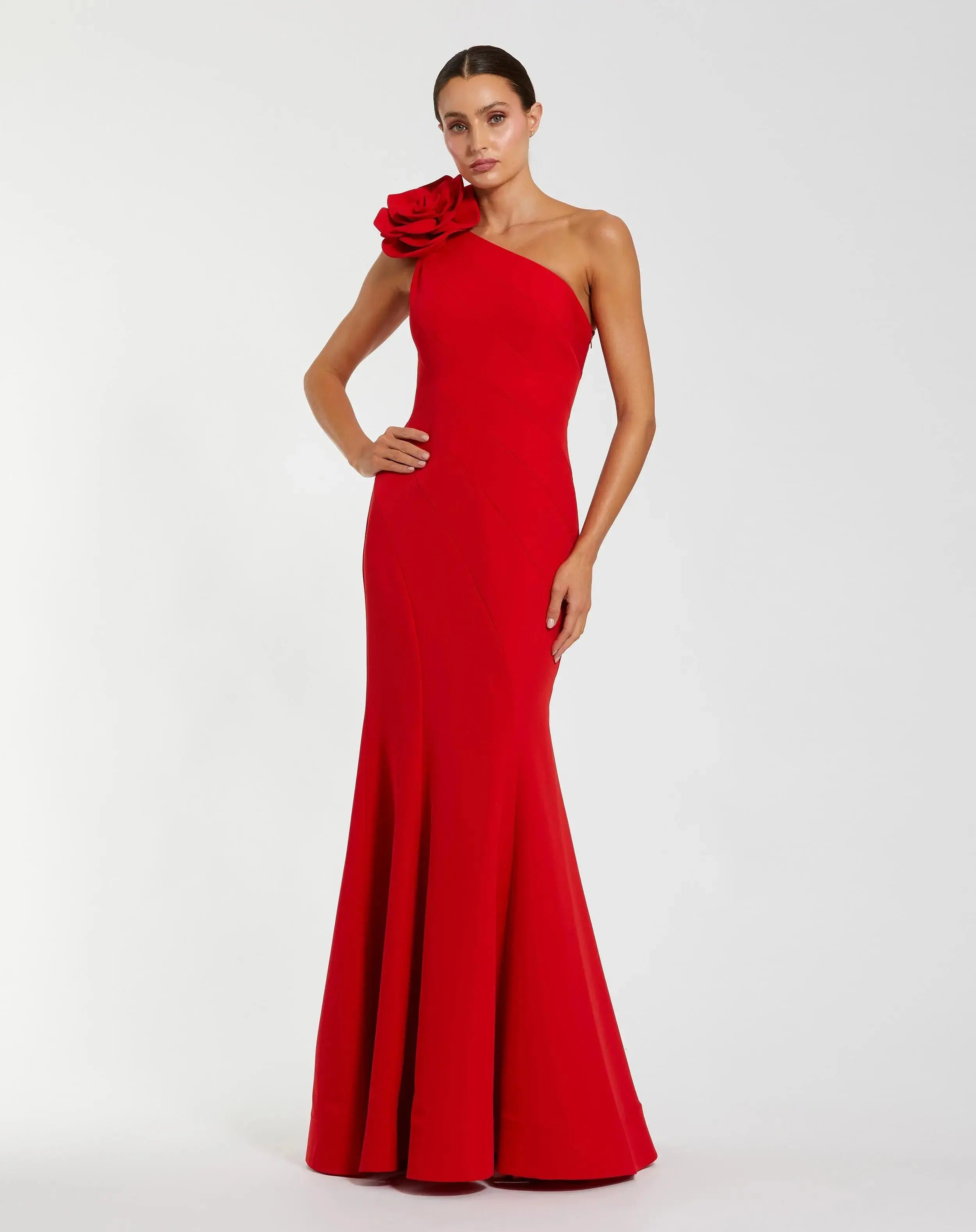 Mac Duggal Crepe One-Shoulder Mermaid Gown with 3D Flower