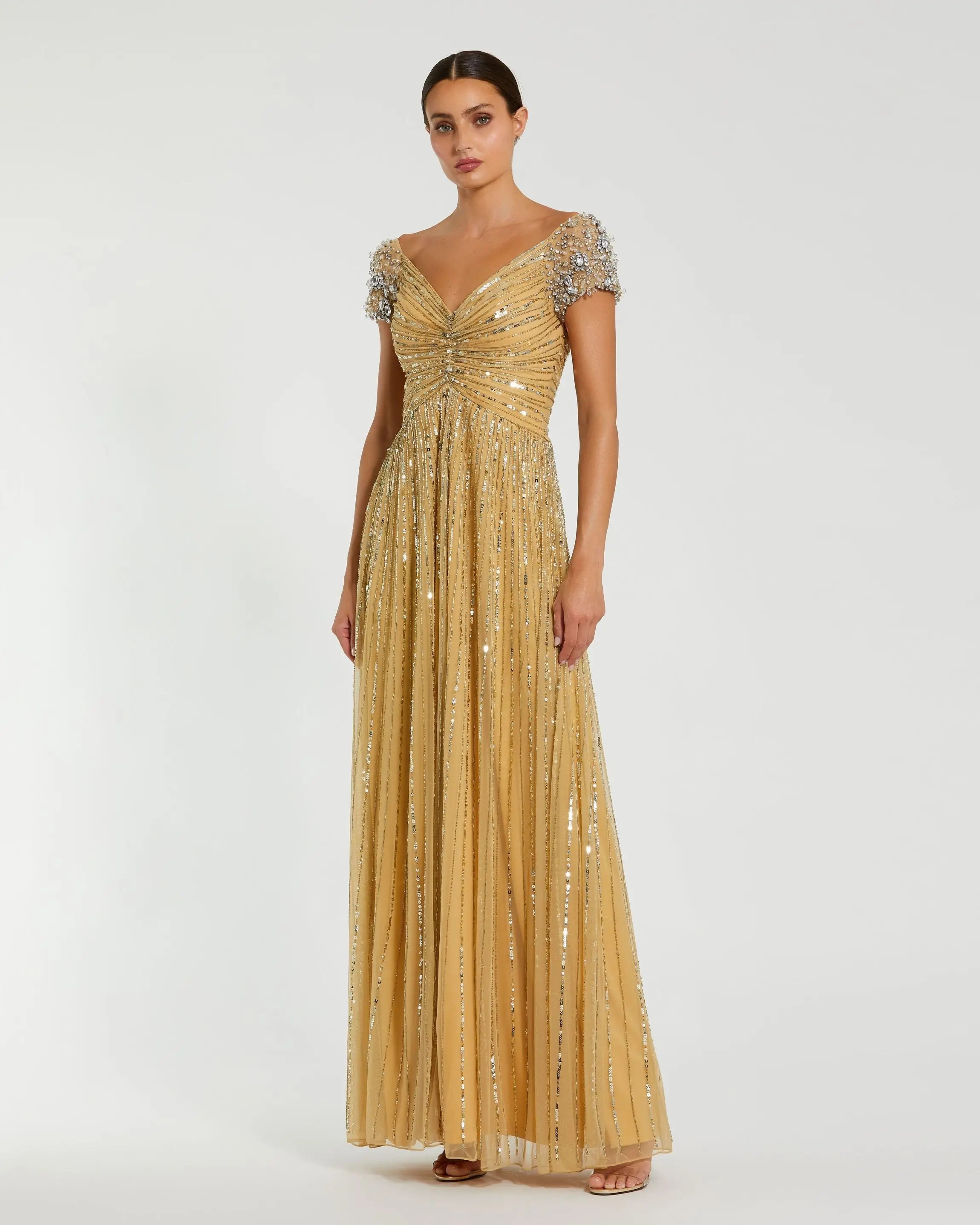 Gold Sequined Evening Gown With Embellished Shoulders | Mac Duggal Gold Sequined Evening Gown With Embellished Shoulders | Mac Duggal