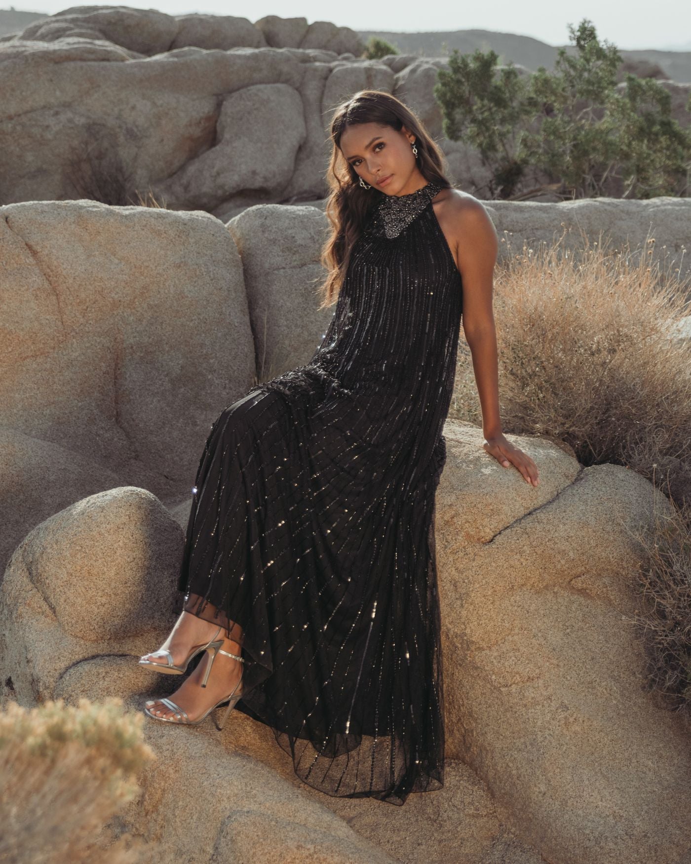 Black Sleeveless Halter Neck Embellished Trapeze Gown - Mac Duggal