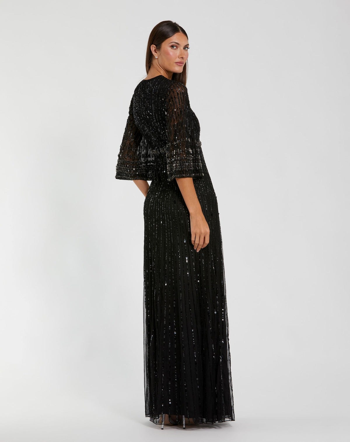 Black High Neck Embellished Gown With 3/4 Sleeves - Mac Duggal