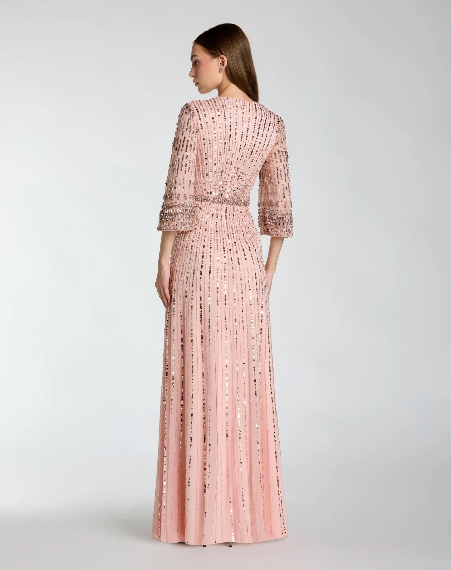 Pink High Neck Embellished Gown With 3/4 Sleeves - Mac Duggal