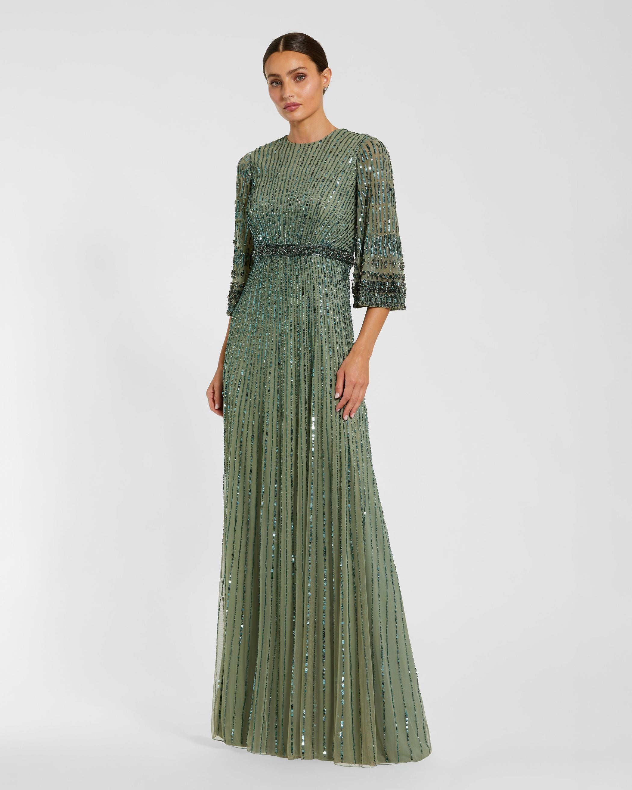 seafoam green formal dresses High Neck Embellished Gown With 3/4 Sleeves independence style 3934 JULIET 826 Fit-and-Flare Halter Size:9/12mos