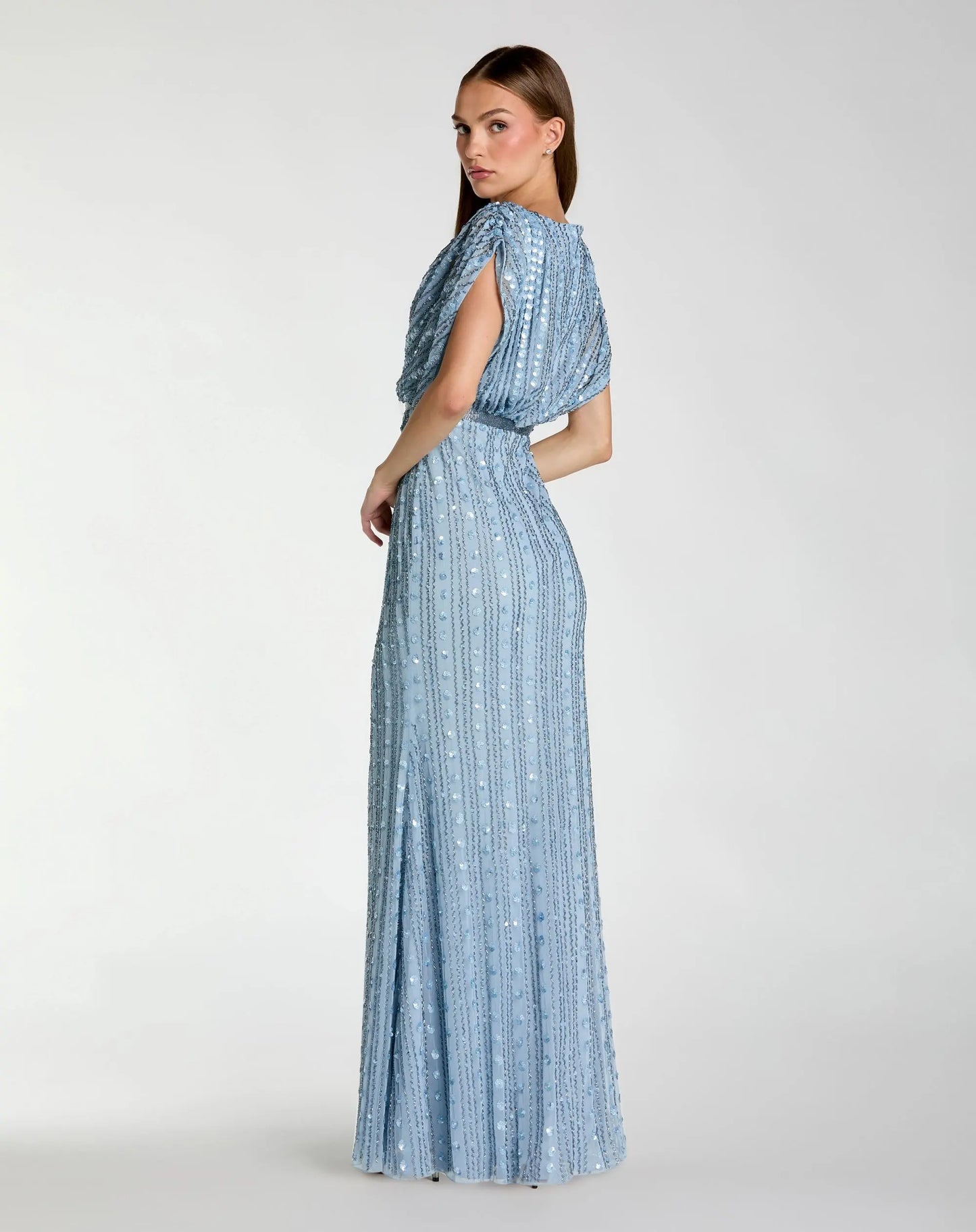 Blue Embellished Blouson V Neck Column Gown - Mac Duggal