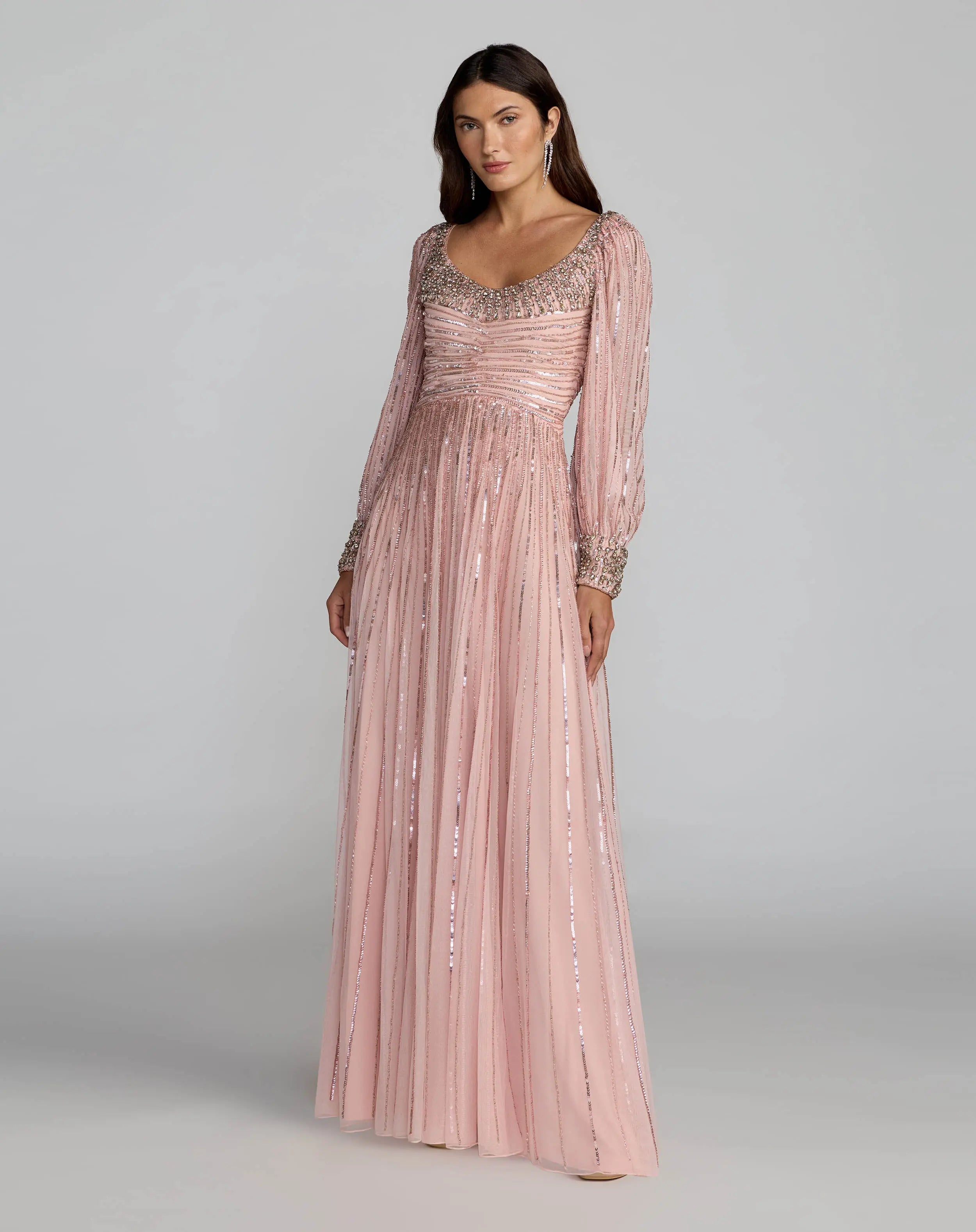 long pink dress with sleeves Embellished Scoop Neck Sleeve A-Line Gown Womens' Surplice Neck High Has a high slit Sort by Color- Pink Color:Oatmeal
