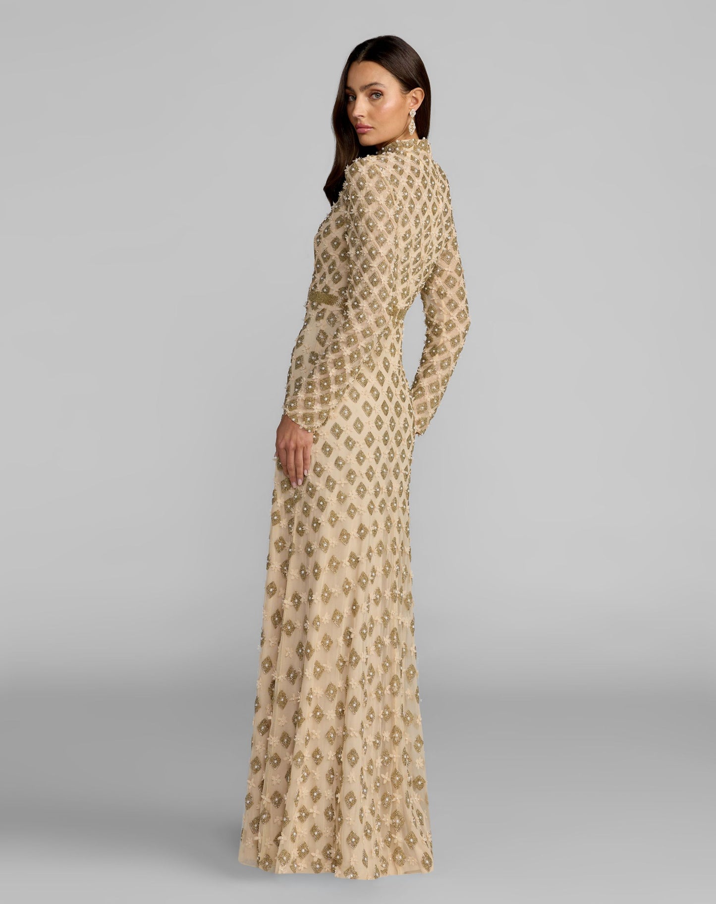 Gold Mock Neck Long Sleeve Embellished A-Line Gown - Mac Duggal