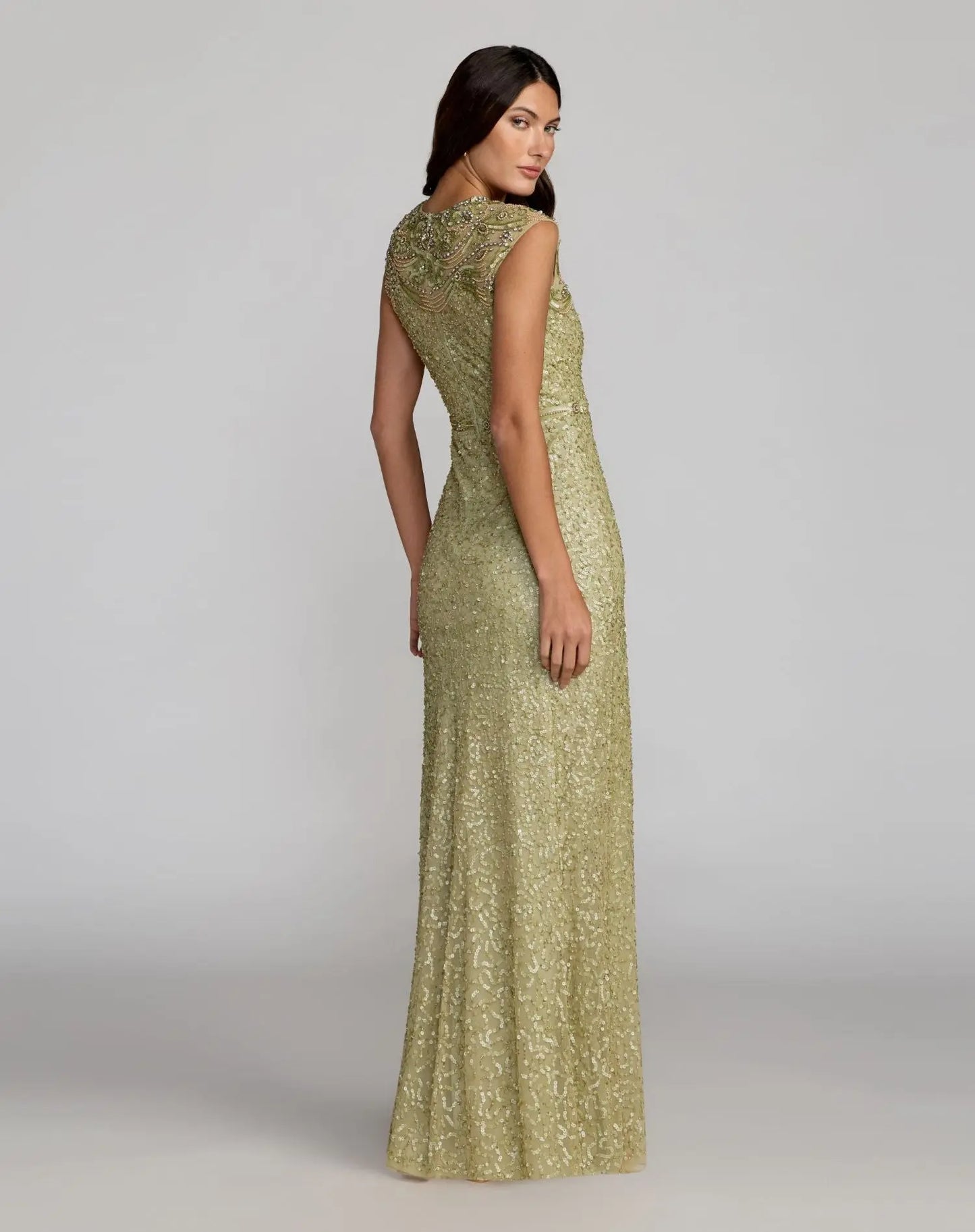 Green Embellished High Neck Cap Sleeve Gown - Mac Duggal