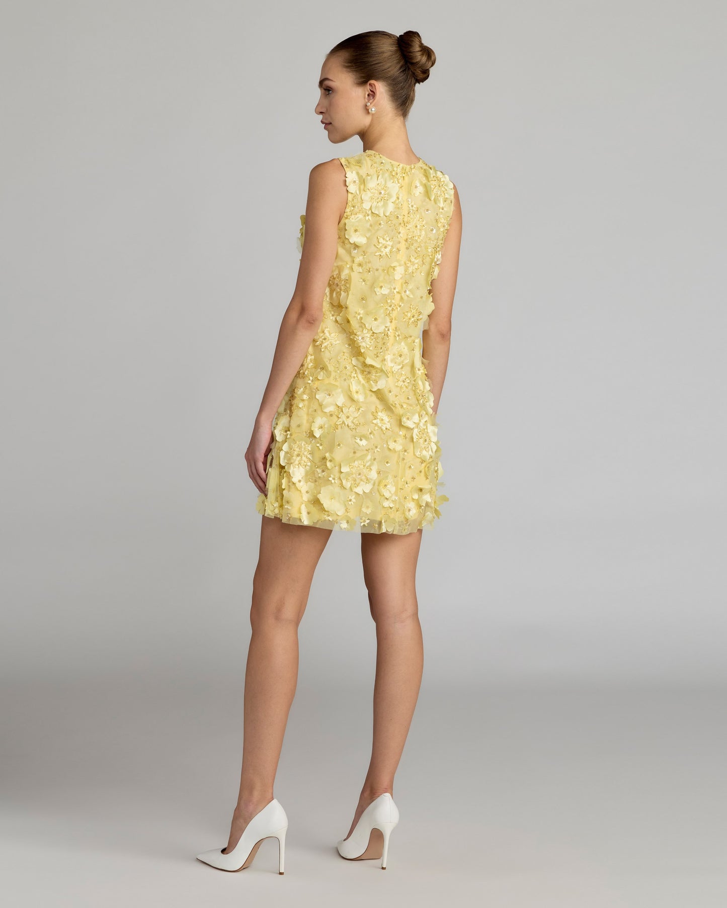 Yellow 3D Floral Embellished Sleeveless Mini Dress Mac Duggal