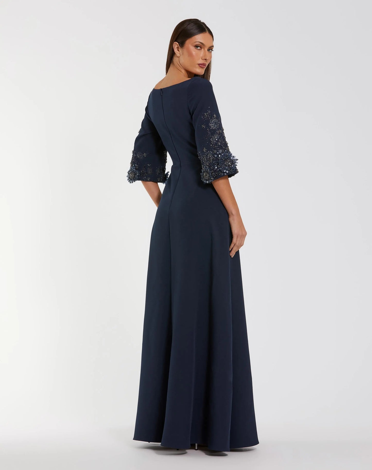 Navy Crepe Gown With Floral Embellished Sleeves - Mac Duggal