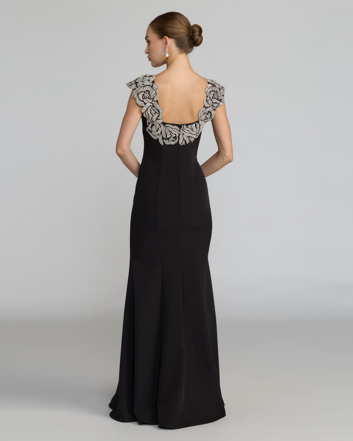 Black Beaded Floral Appliqué Mermaid Gown Mac Duggal