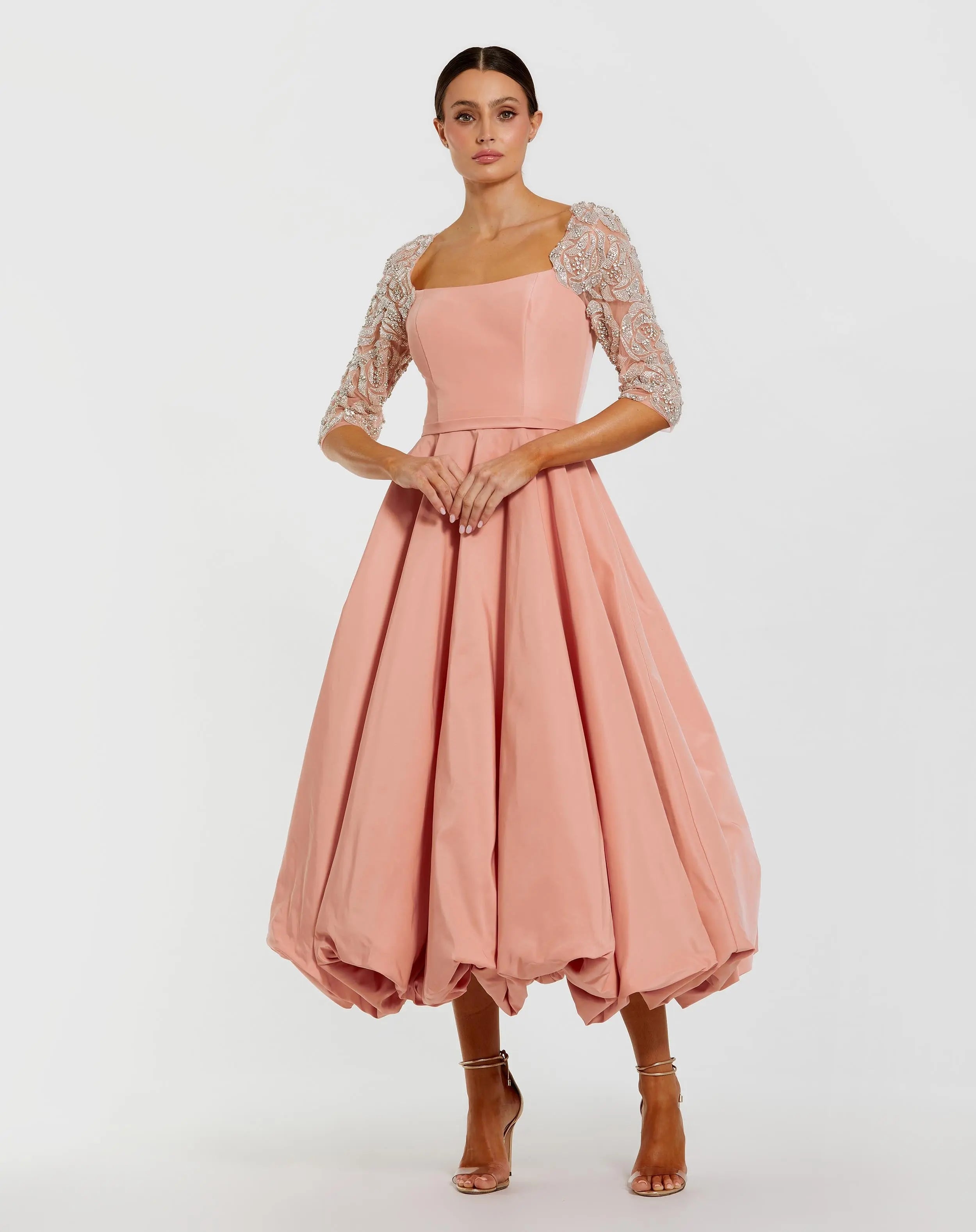 open lace back dress Pink Bubble Hem Midi Dress With Embellished Sleeves