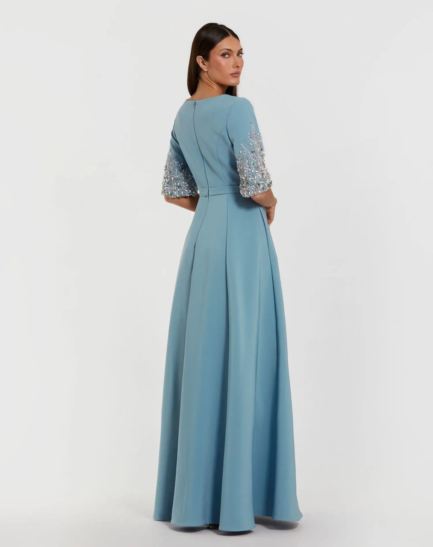 Blue Embellished Crepe Gown With 3/4 Sleeves - Mac Duggal