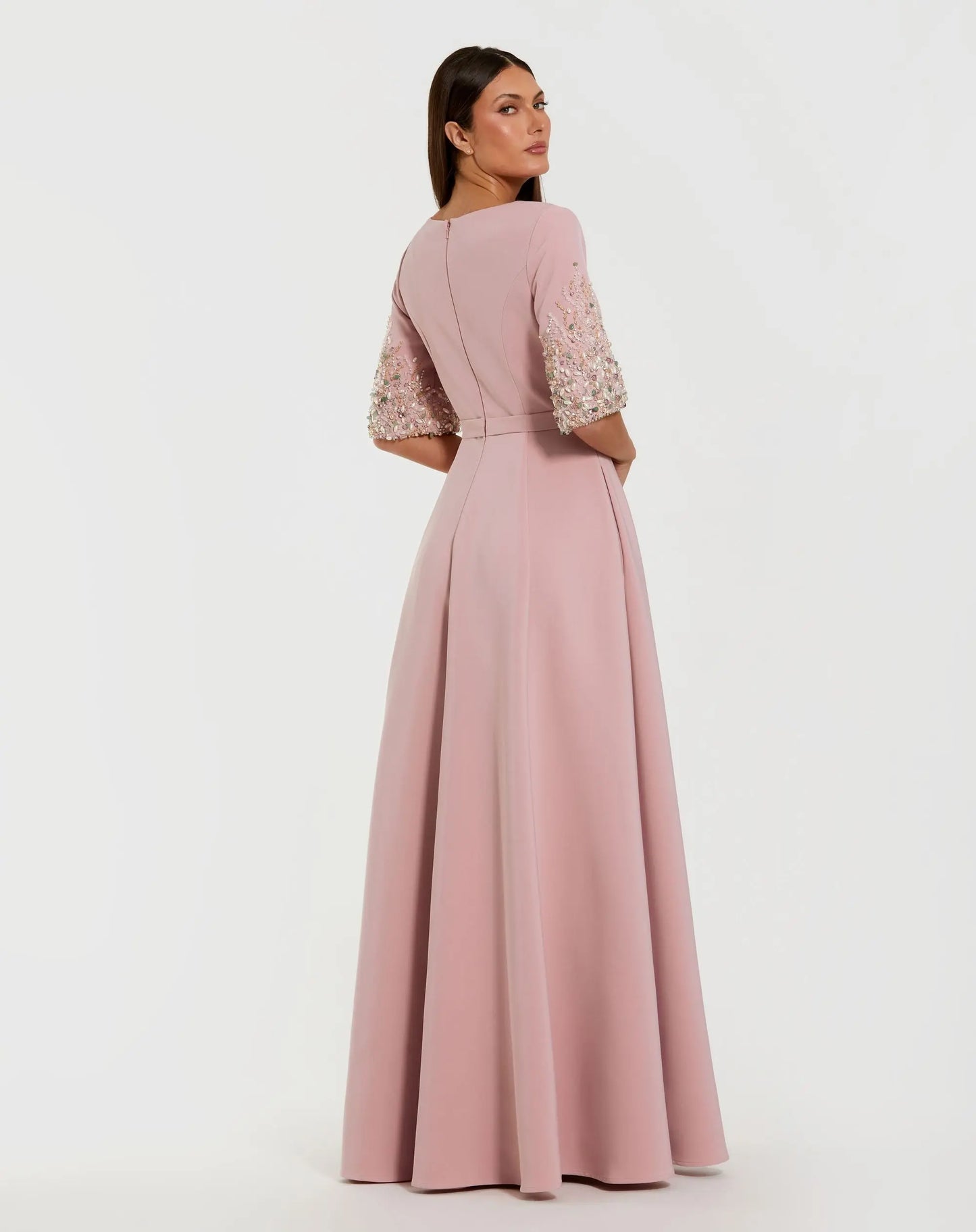 Pink Crepe Gown With Embellished 3/4 Sleeves - Mac Duggal