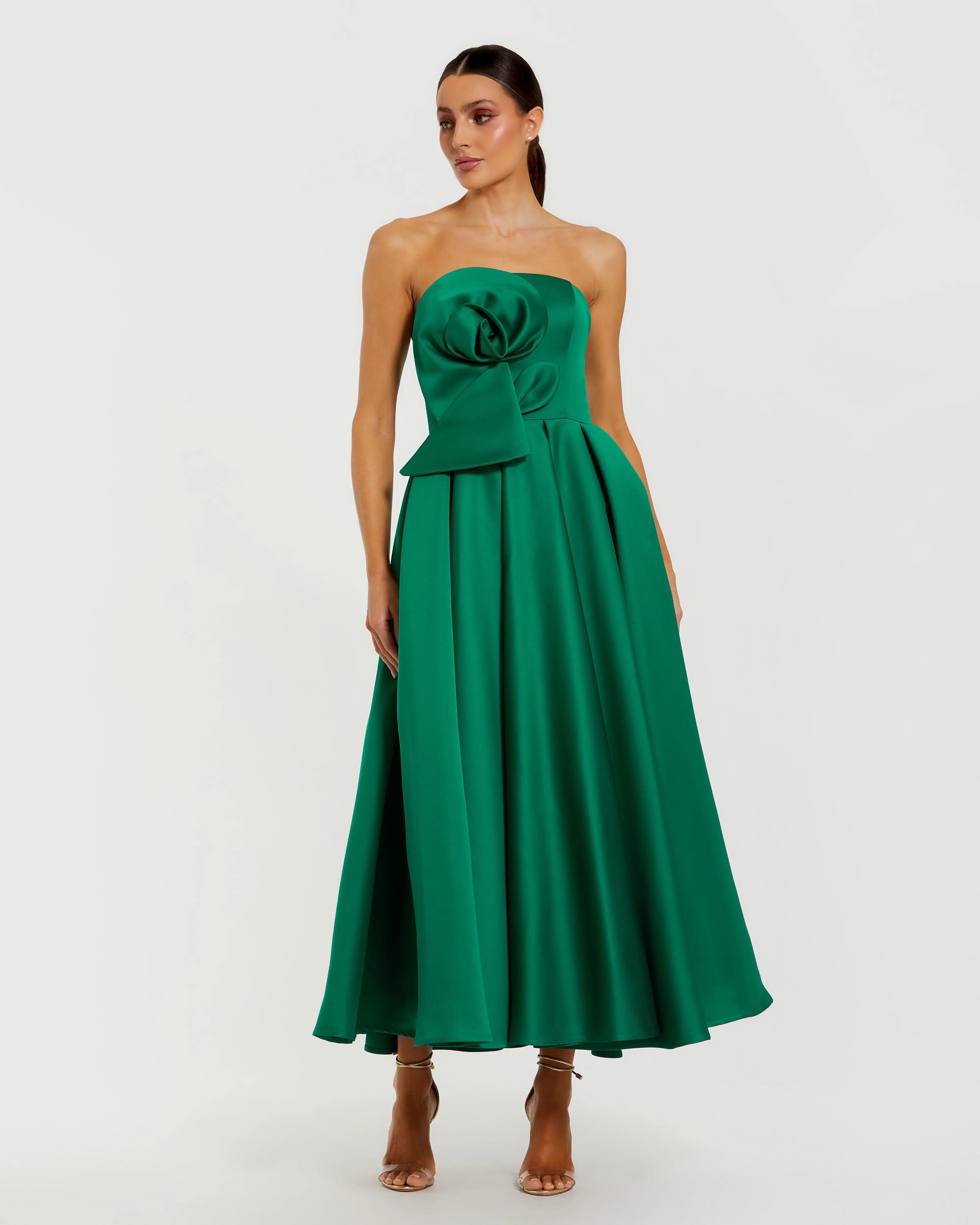 Green Strapless Satin A Line Midi Dress With 3D Flower | Mac Duggal Green Strapless Satin A Line Midi Dress With 3D Flower | Mac Duggal
