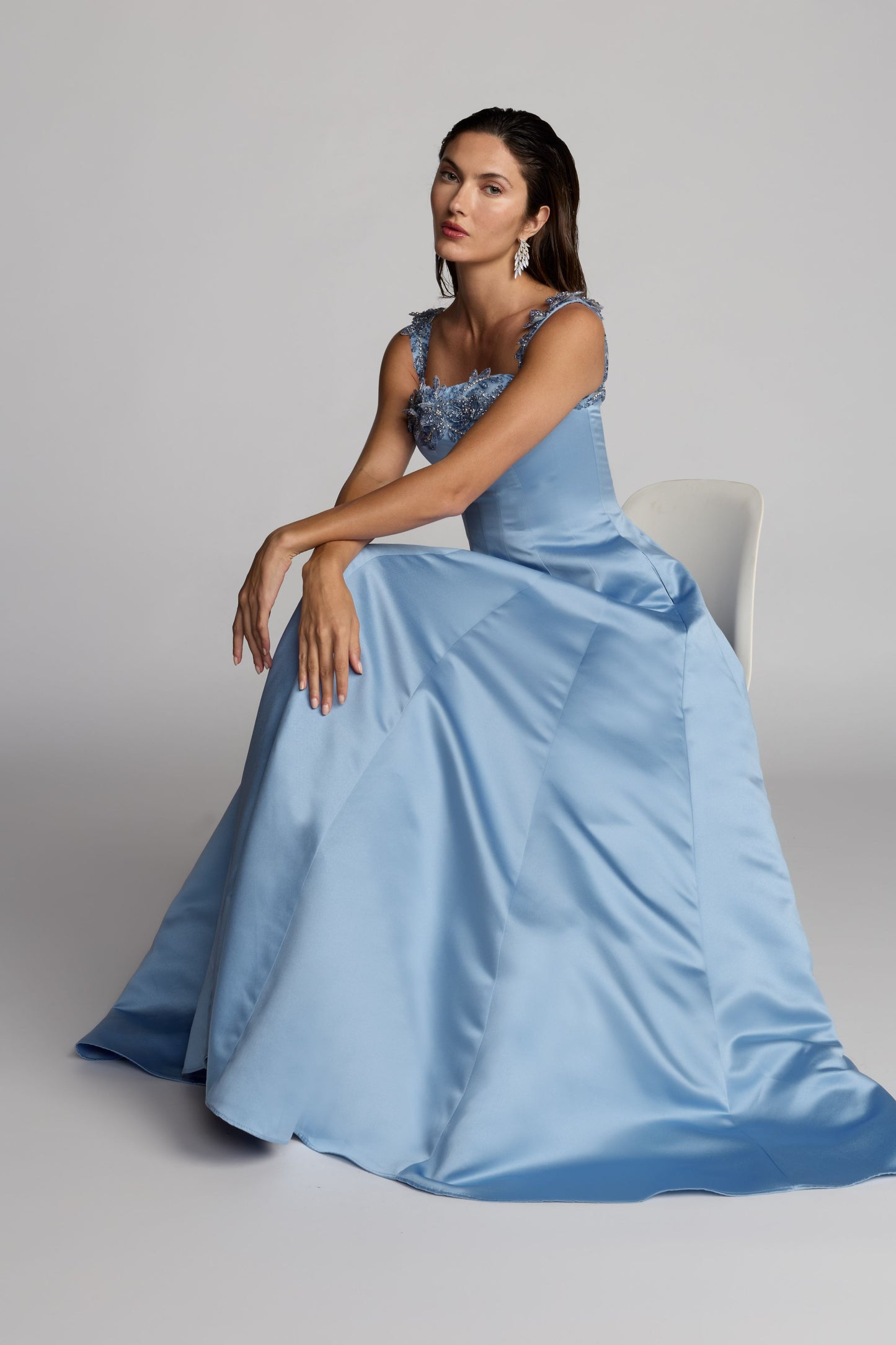 Blue Satin Ballgown With 3D Embellished Flowers Mac Duggal