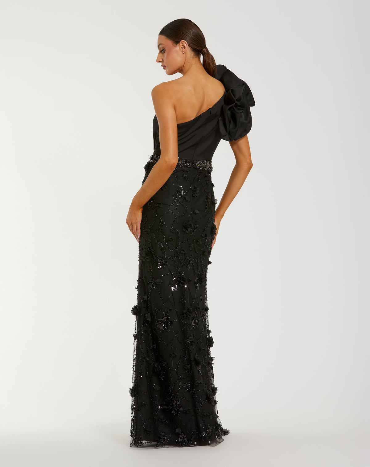 Black Ruffle One Shoulder Embellished Evening Gown - Mac Duggal