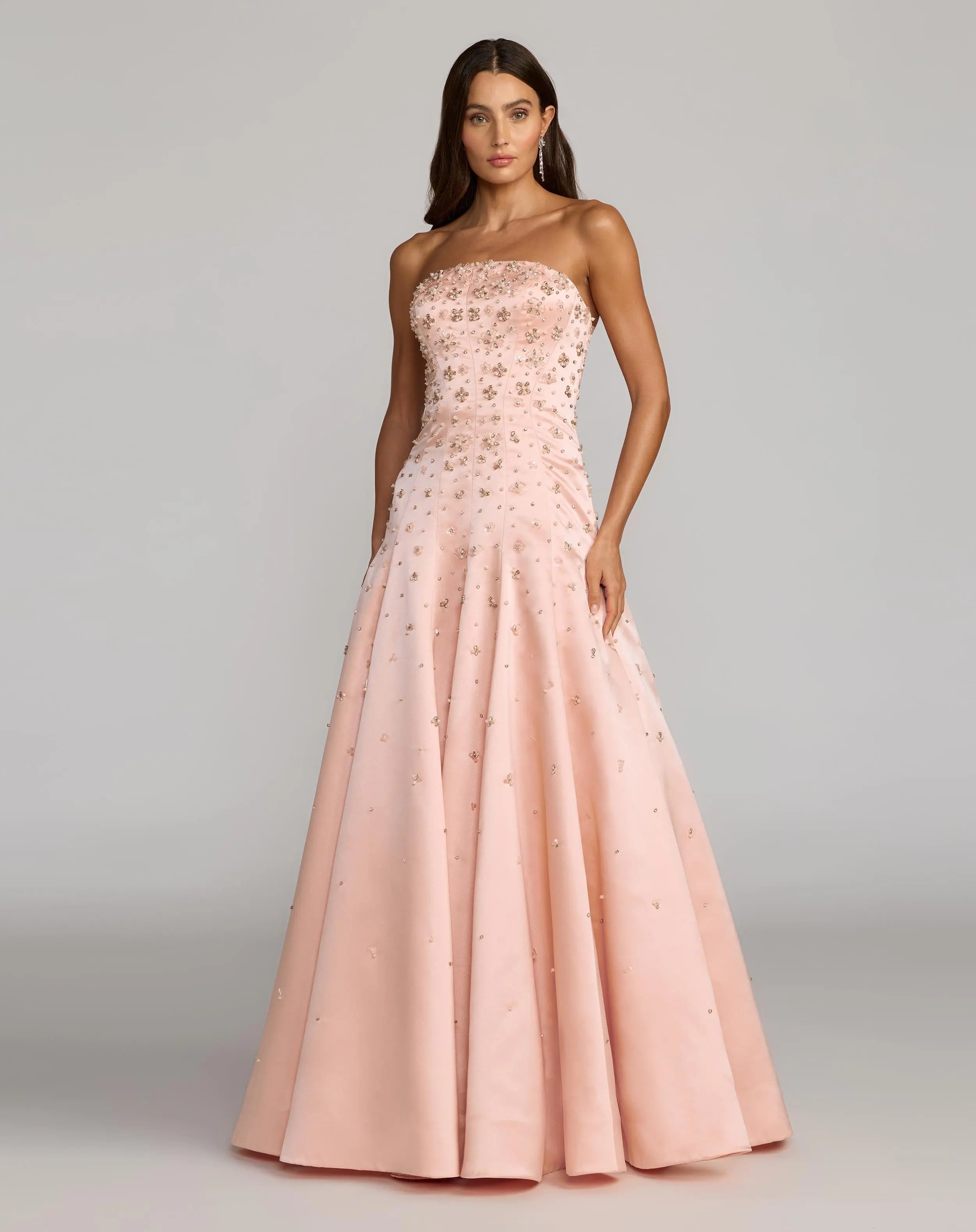 Mac Duggal - Pink Strapless Embellished Satin Ball Gown With Pockets - Peach / US 4 Mac Duggal - Pink Strapless Embellished Satin Ball Gown With Pockets - Peach / US 4