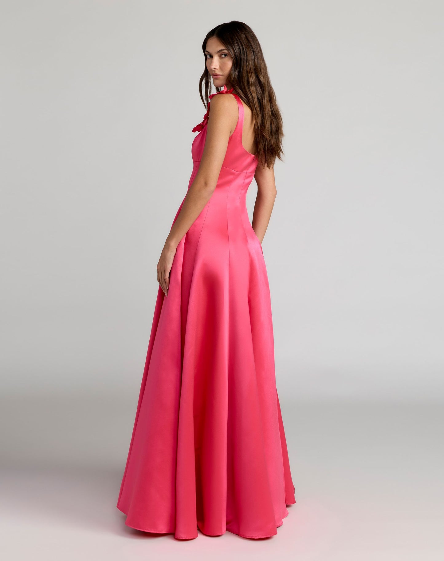 Pink Sleeveless Satin Ball Gown With 3D Flower Straps - Ieena for Mac Duggal