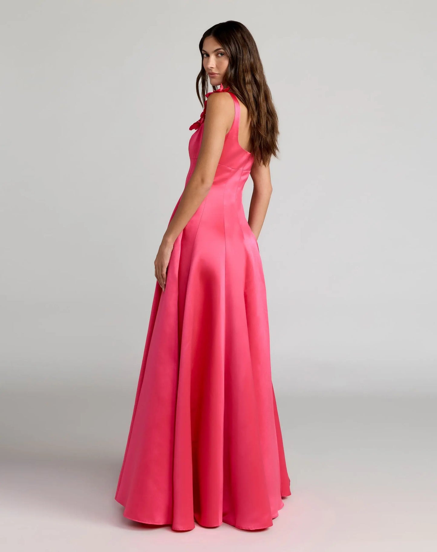 Pink Sleeveless Satin Ball Gown With 3D Flower Straps - Ieena for Mac Duggal