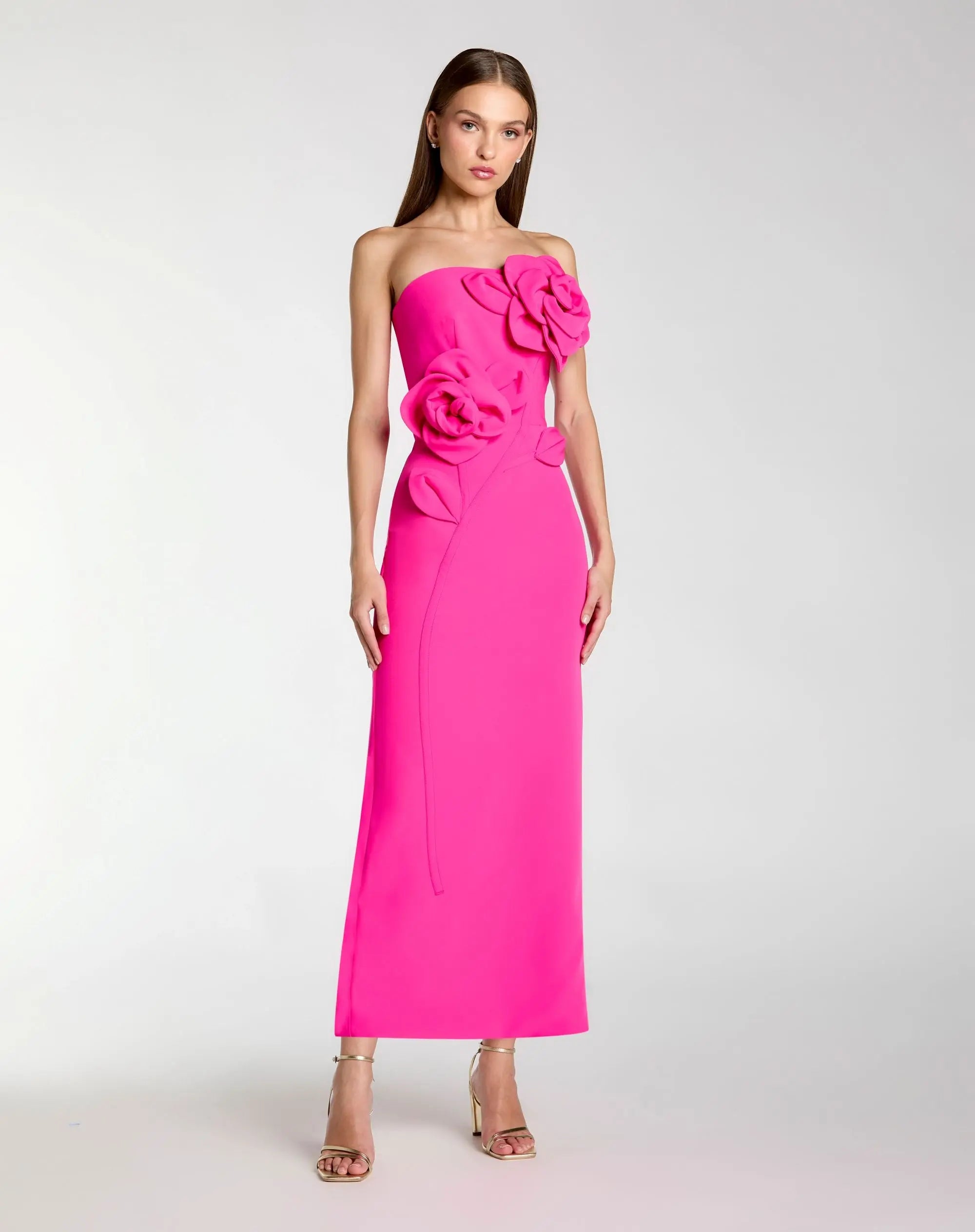 strapless hot pink bridesmaid dresses Pink Strapless Crepe Dress With 3D Flower Detail