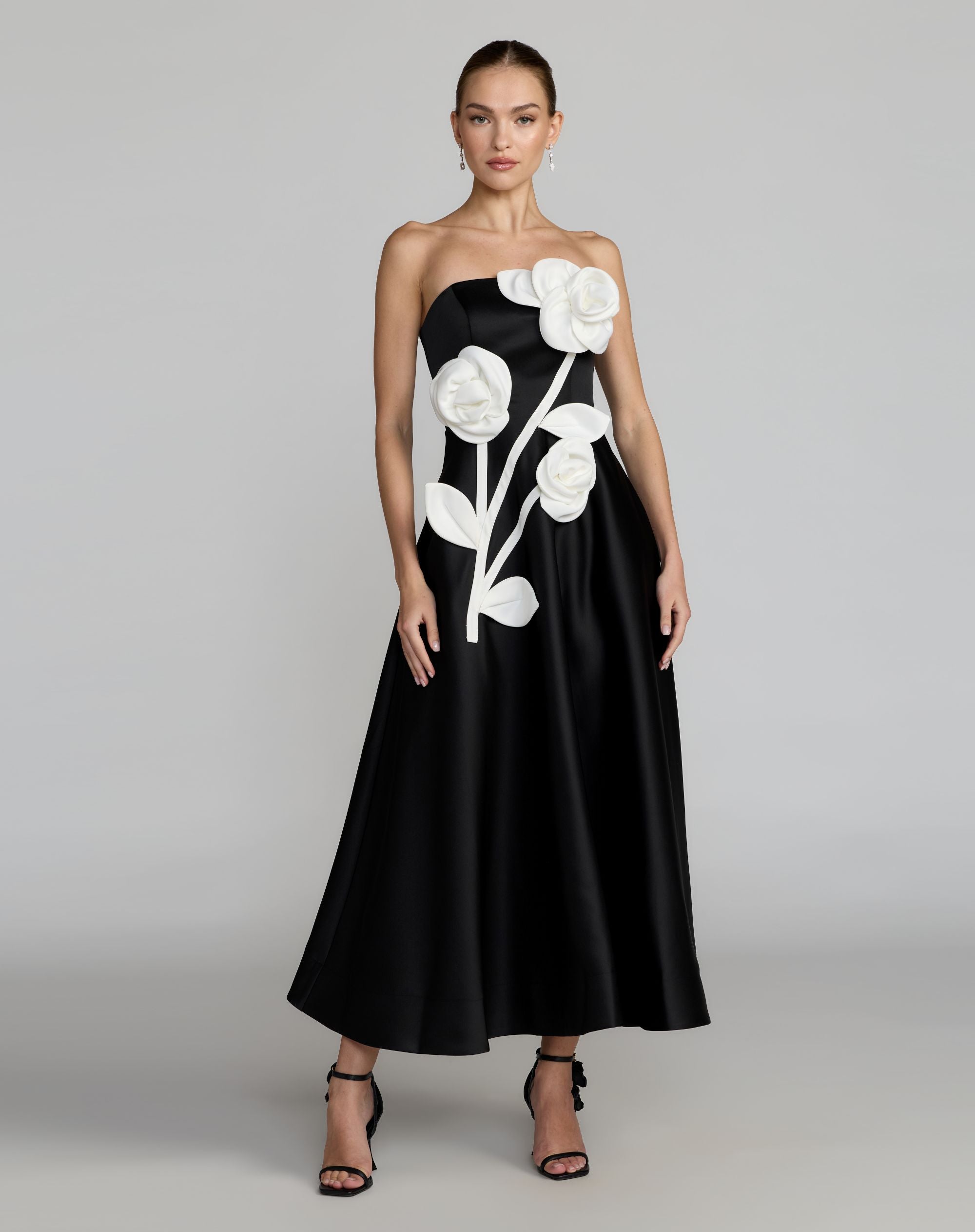 Black Strapless Satin A-Line Dress With 3D Flowers | Mac Duggal