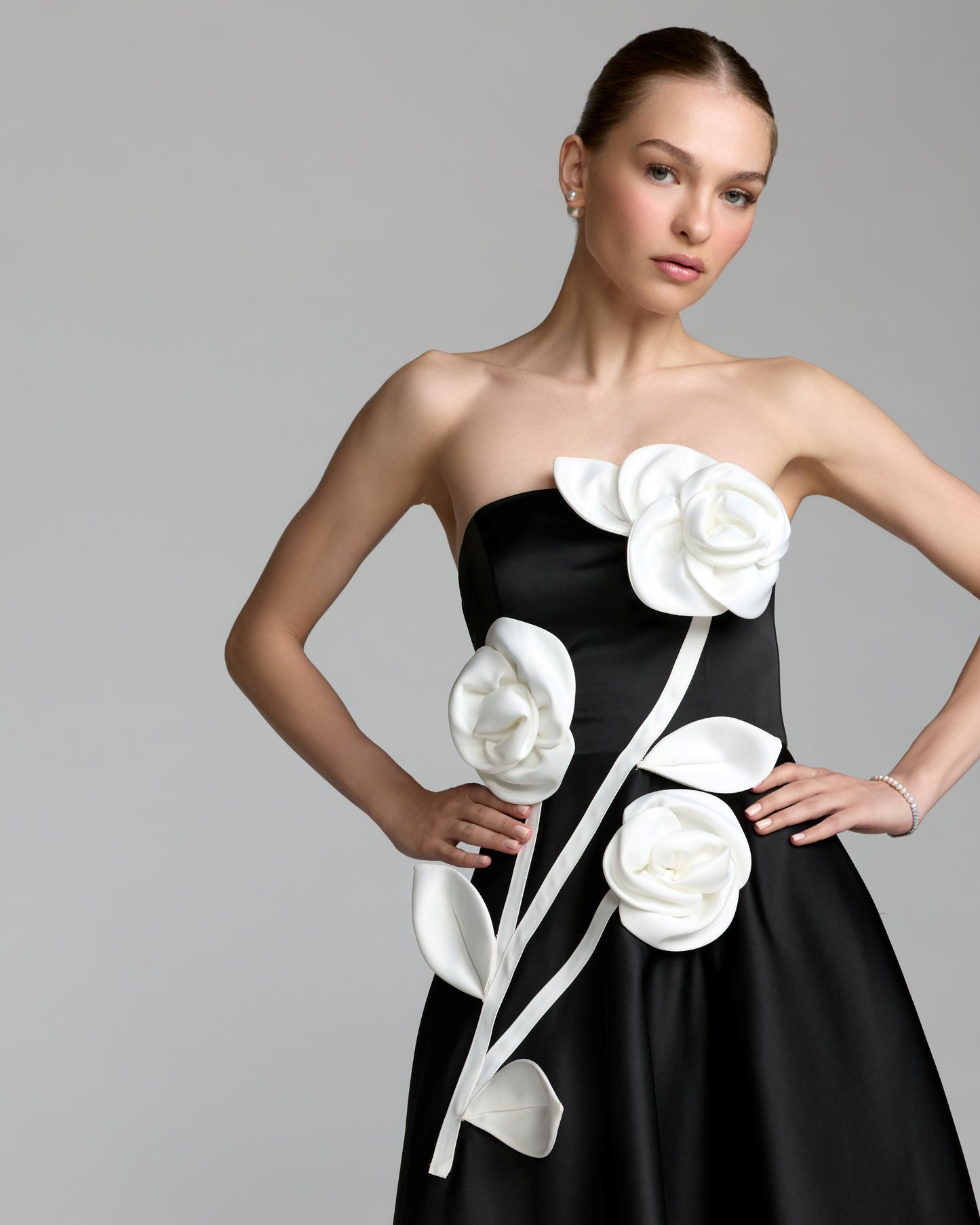 Black Strapless Satin A-Line Dress With 3D Flowers - Ieena for Mac Duggal