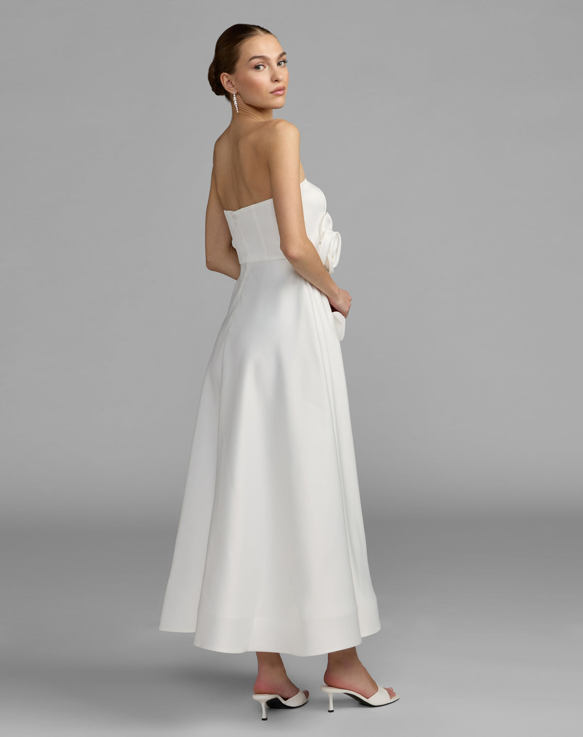 White Strapless Satin A-Line Dress With 3D Flowers - Ieena for Mac Duggal