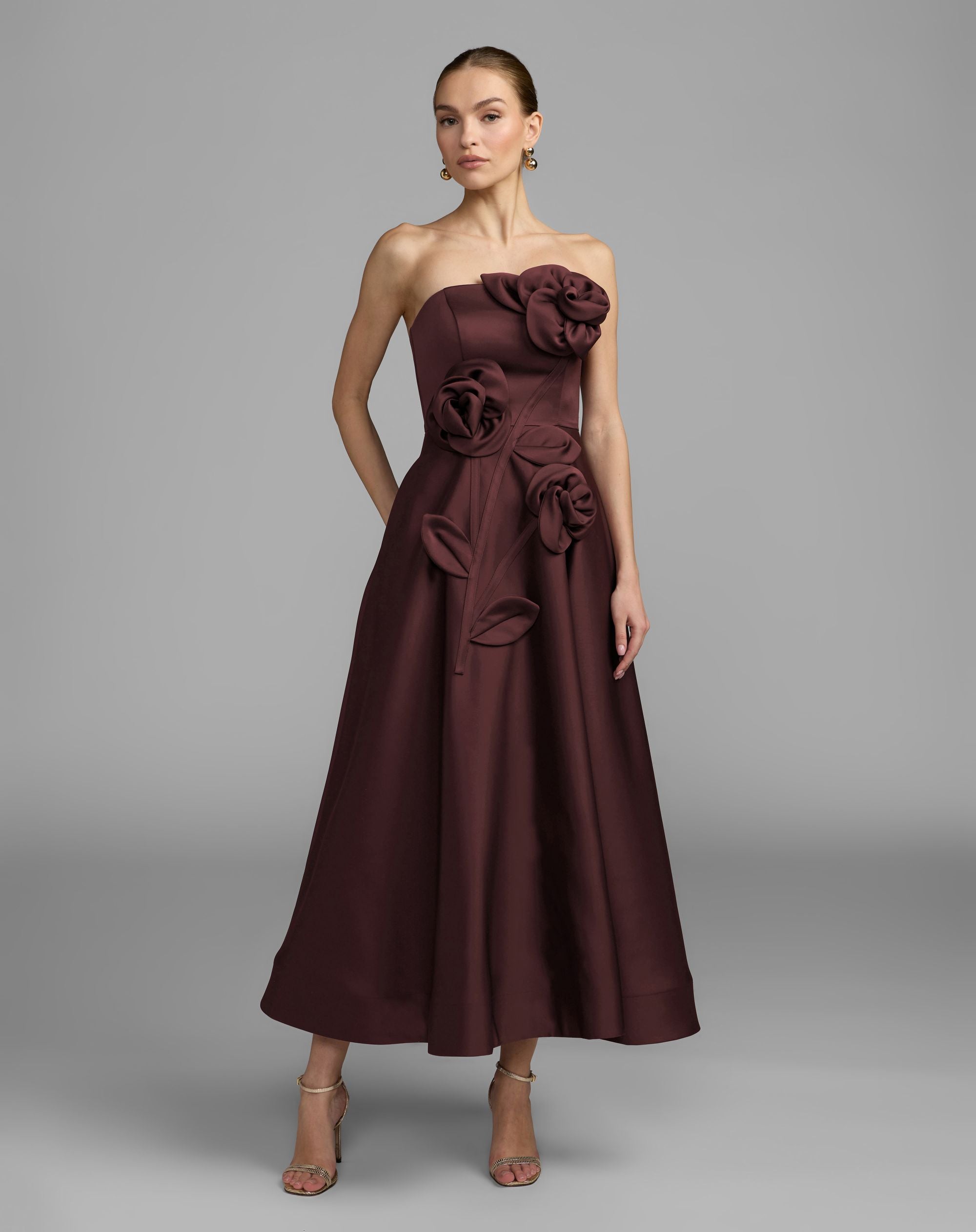 Burgundy Strapless Satin A-Line Dress With 3D Flowers