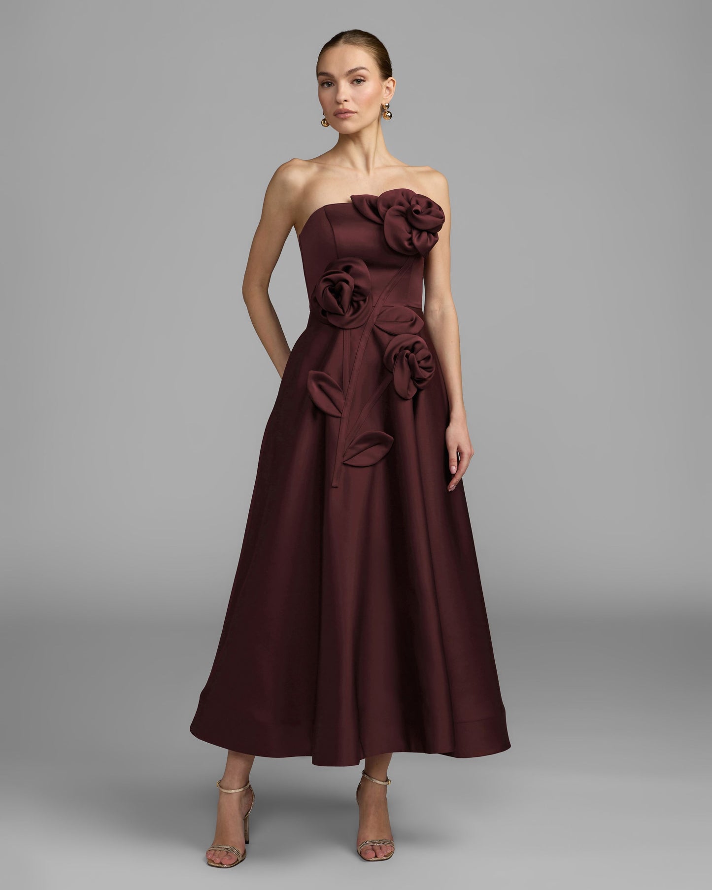 Burgundy Strapless Satin A-Line Dress With 3D Flowers - Ieena for Mac Duggal