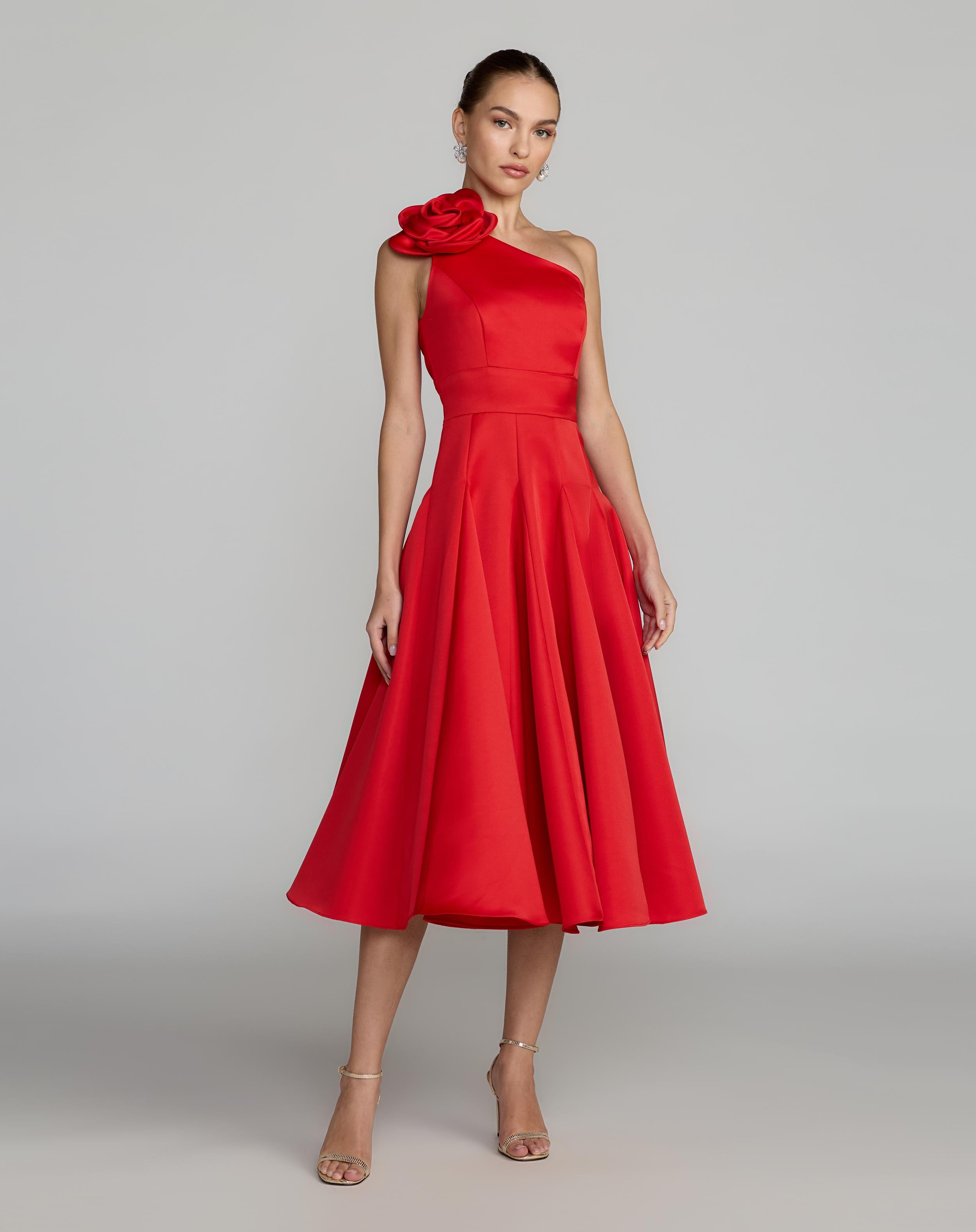 Mac Duggal Women's One Shoulder Satin Midi Dress With 3D Flower - Red