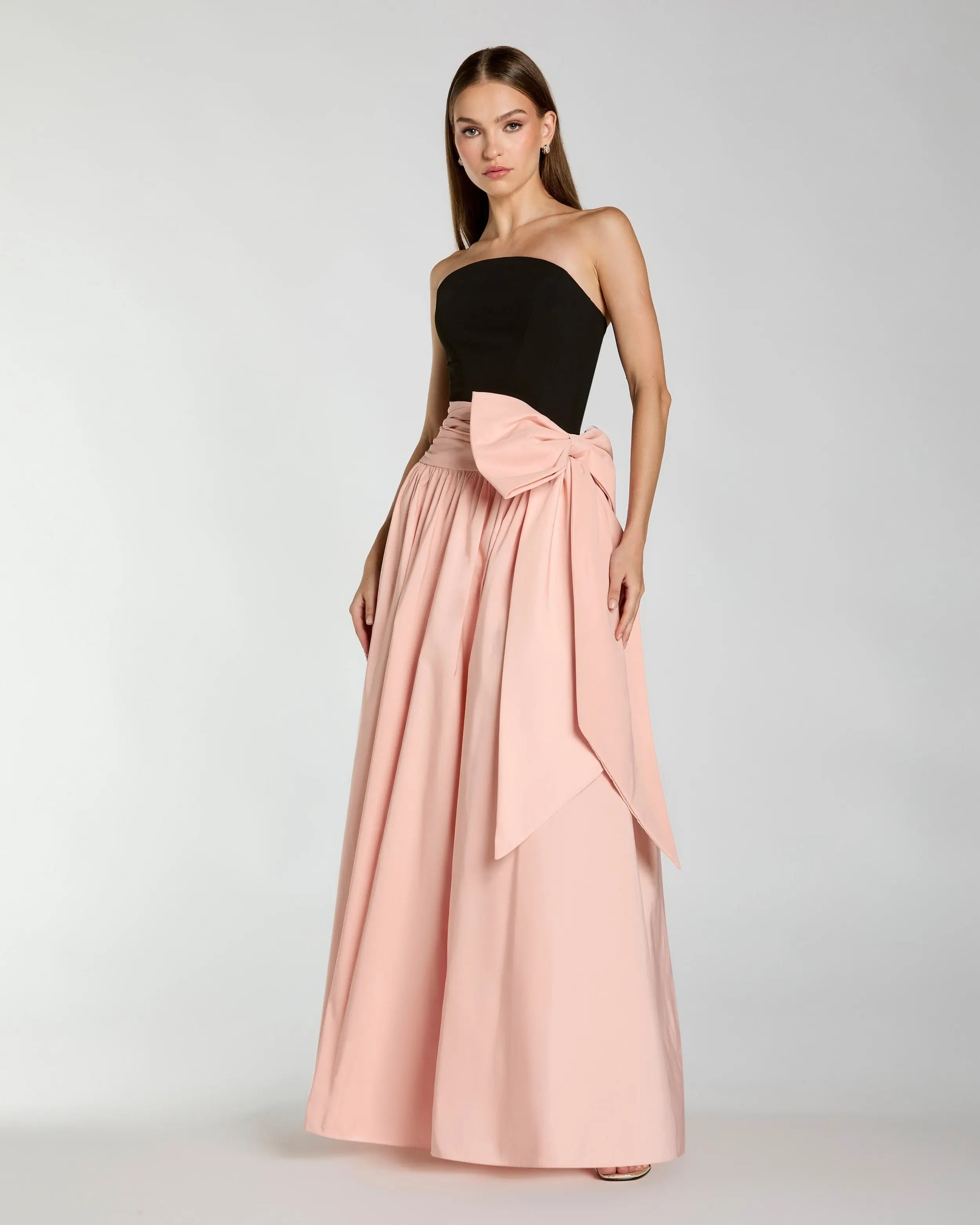 Black Pink Strapless Gown With Oversized Bow