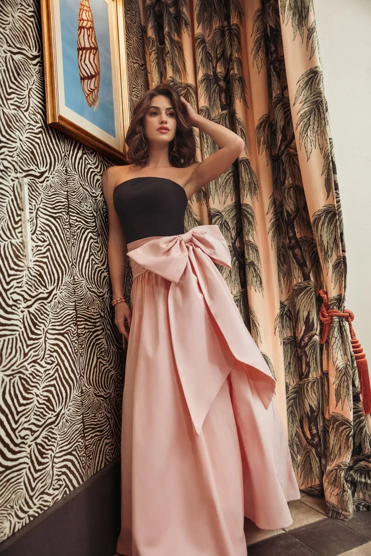 Black Pink Strapless Gown with Oversized Bow Ieena for Mac Duggal