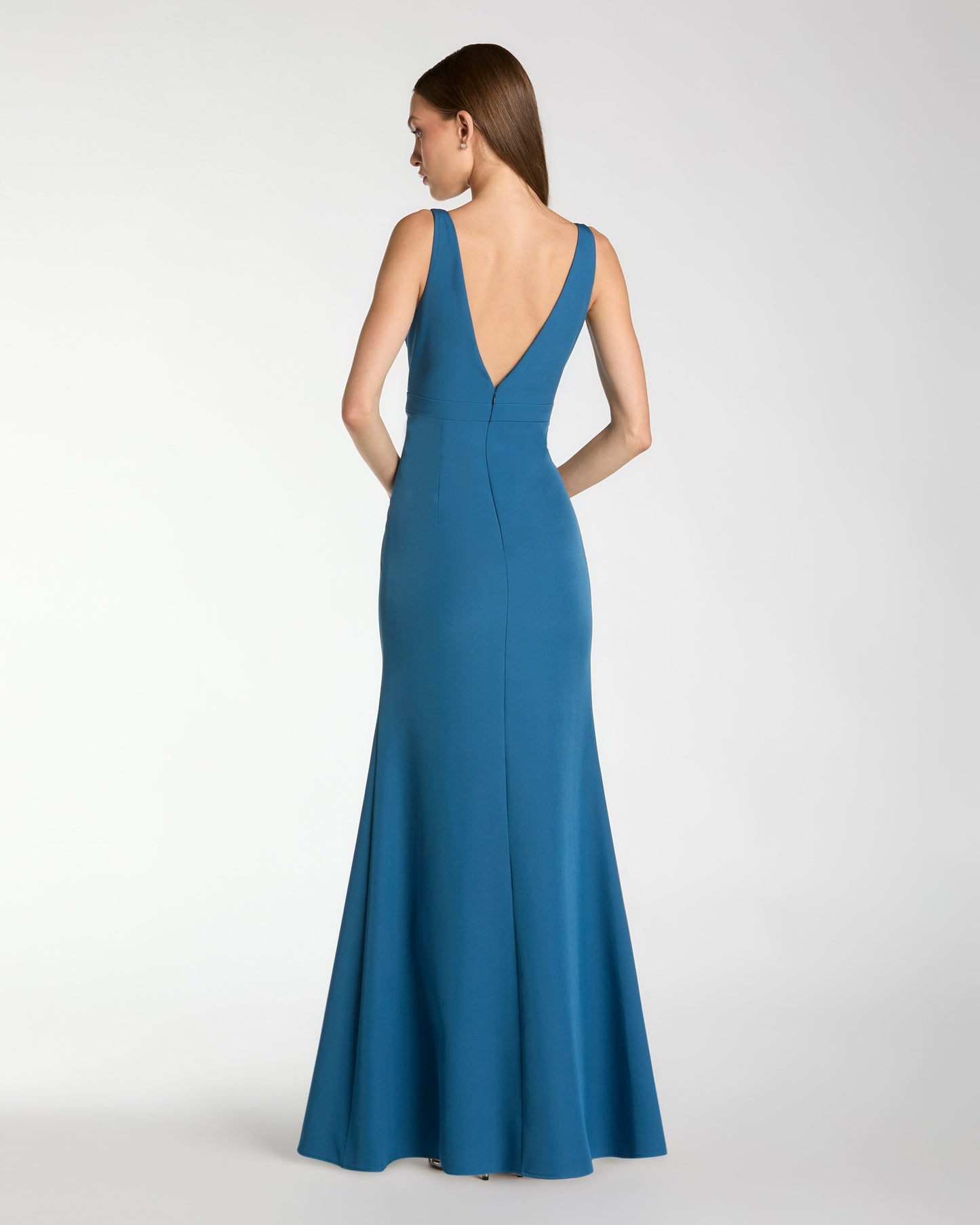 Blue Crepe Sleeveless V Neck Mermaid Gown With Bow Ieena for Mac Duggal