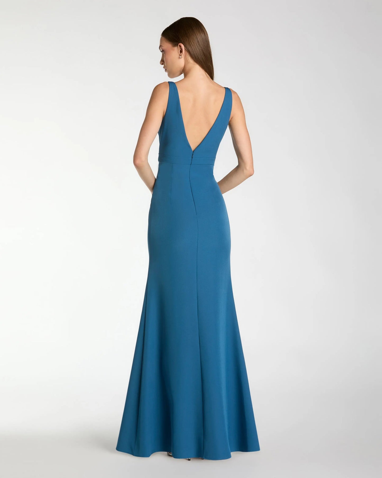 Blue Crepe Sleeveless V Neck Mermaid Gown With Bow Ieena for Mac Duggal