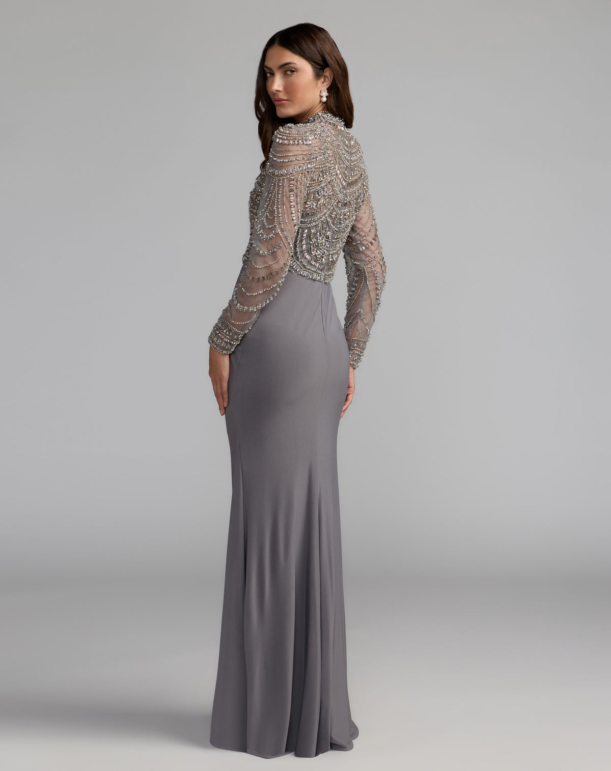 Gray Beaded Jersey Mock Neck Long Sleeve Gown - Mac Duggal