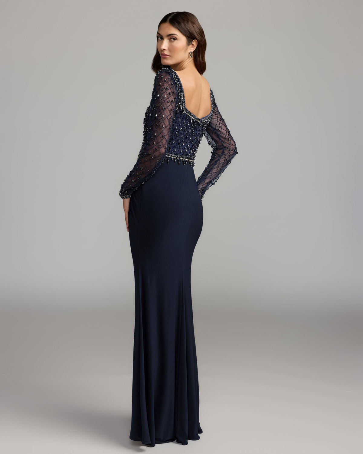Navy Embellished Illusion Long Sleeve Column Gown Mac Duggal